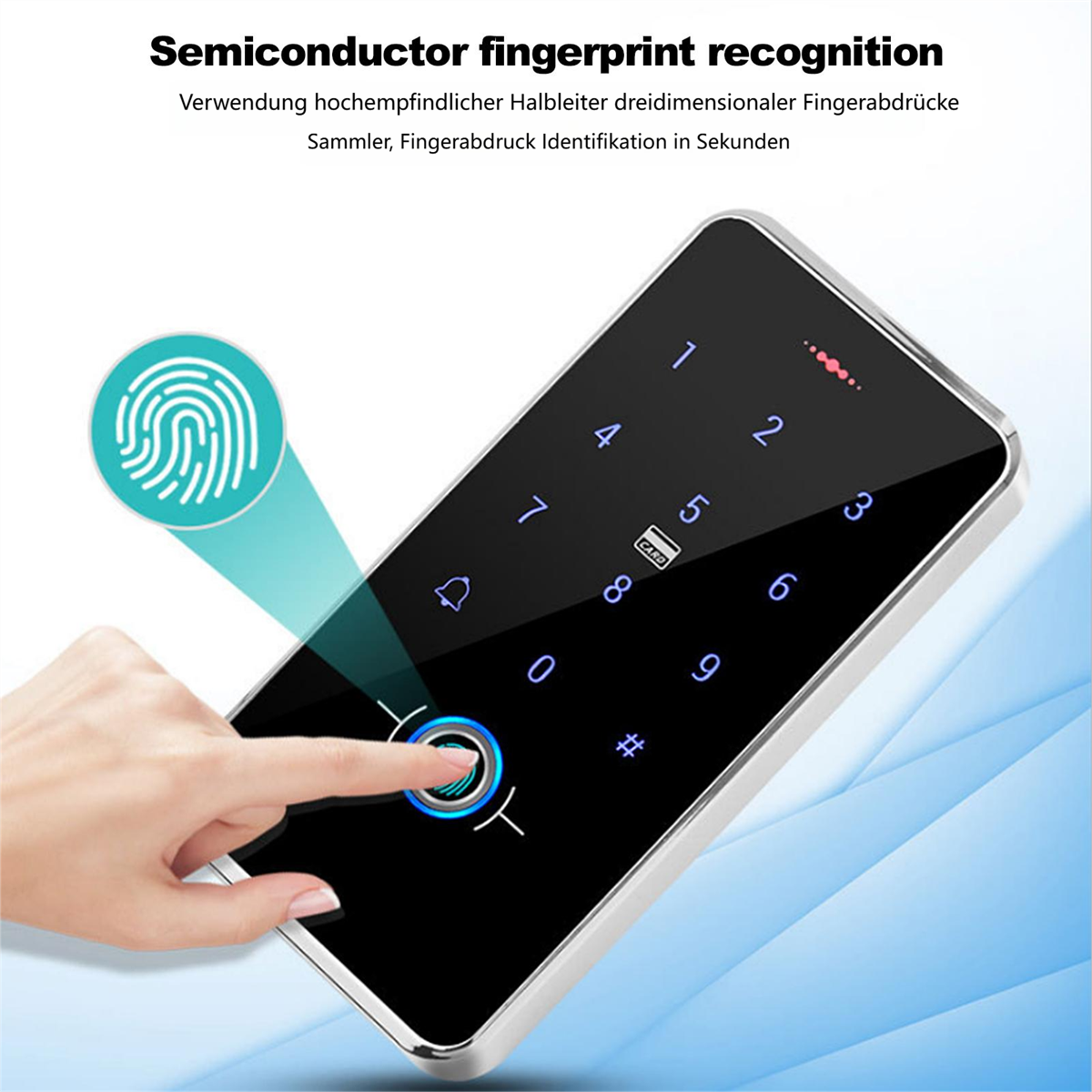 Ein schwarzes Fingerabdrucklesegerät mit Finger auf dem Sensor, mit Zahlen und Tastatur.