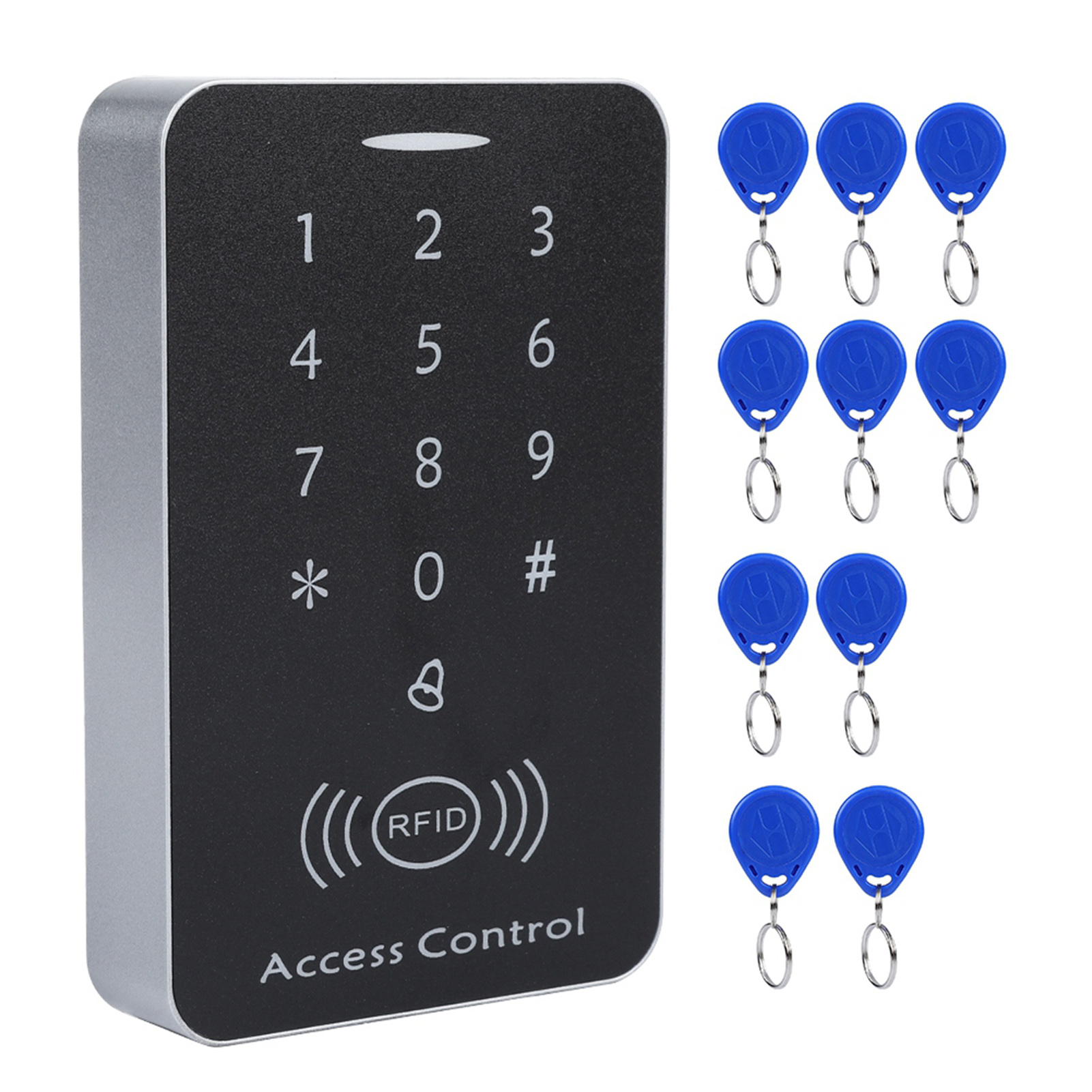 Schwarzes Zutrittskontrollgerät mit Tastatur und RFID-Symbol sowie mehrere blaue Schlüsselanhänger rechts.