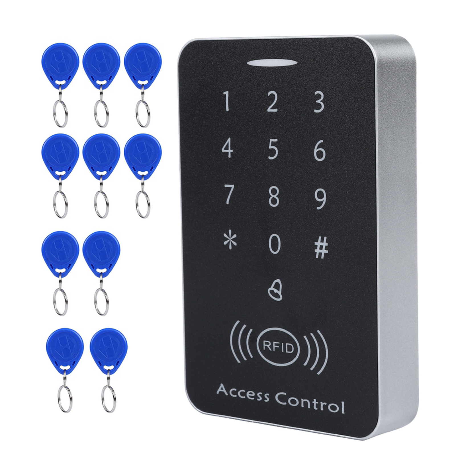 Zugangskontroll-Tastatur mit RFID und Satz blauer Schlüsselanhänger.