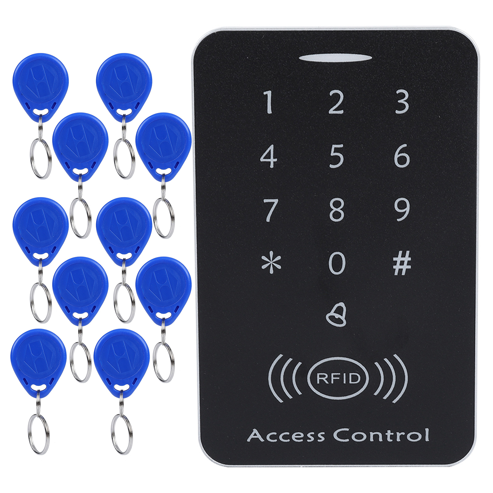 Ein schwarzes Zutrittskontrollsystem mit Tastatur und blauen Schlüsselanhängern. RFID steht darauf.