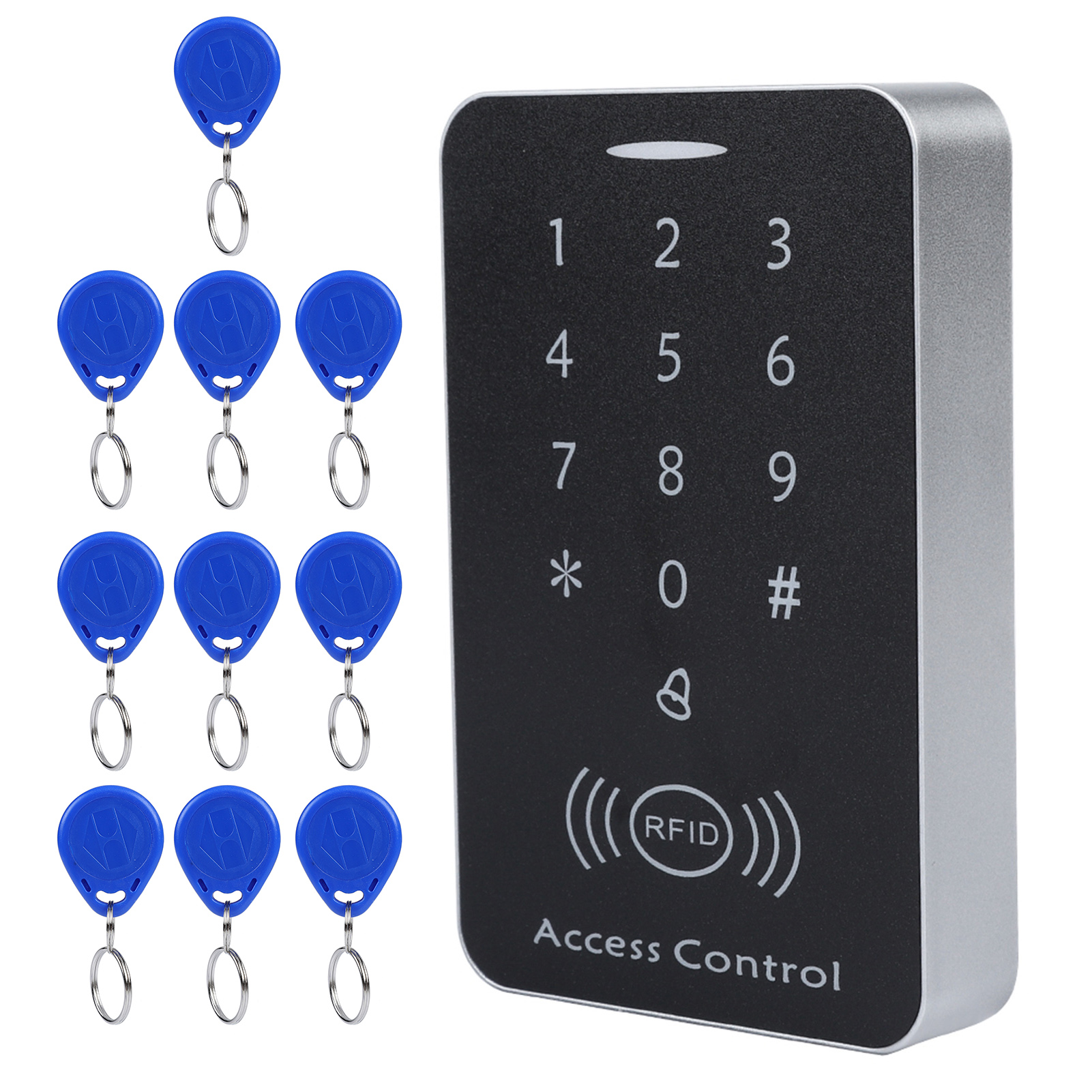 Tastatur mit Tasten und RFID-Schlüsselanhängern. Tastatur ist schwarz und hat Zahlen. Schlüsselanhänger sind blau.
