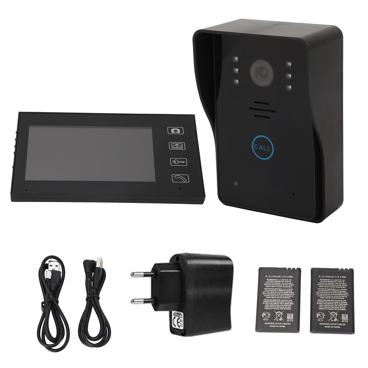 Schwarzes Türklingelsystem mit Bildschirm, Kamera und Batterien. Enthält ein Ladegerät und Kabel.