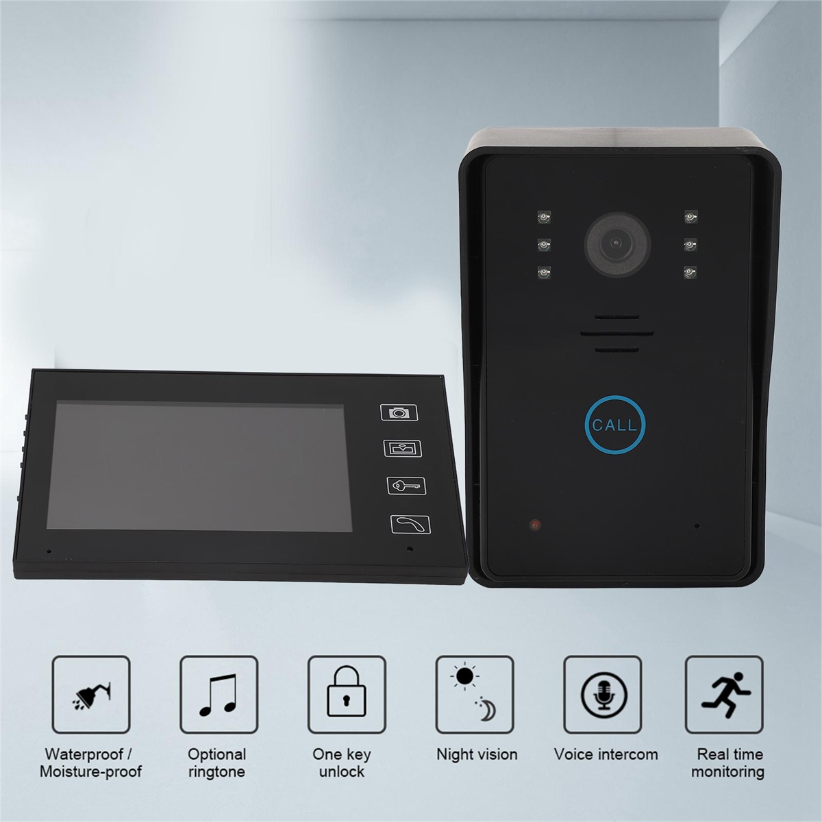 Ein schwarzes Gegensprechsystem mit Bildschirm und Tasten. Symbole unten zeigen verschiedene Funktionen.