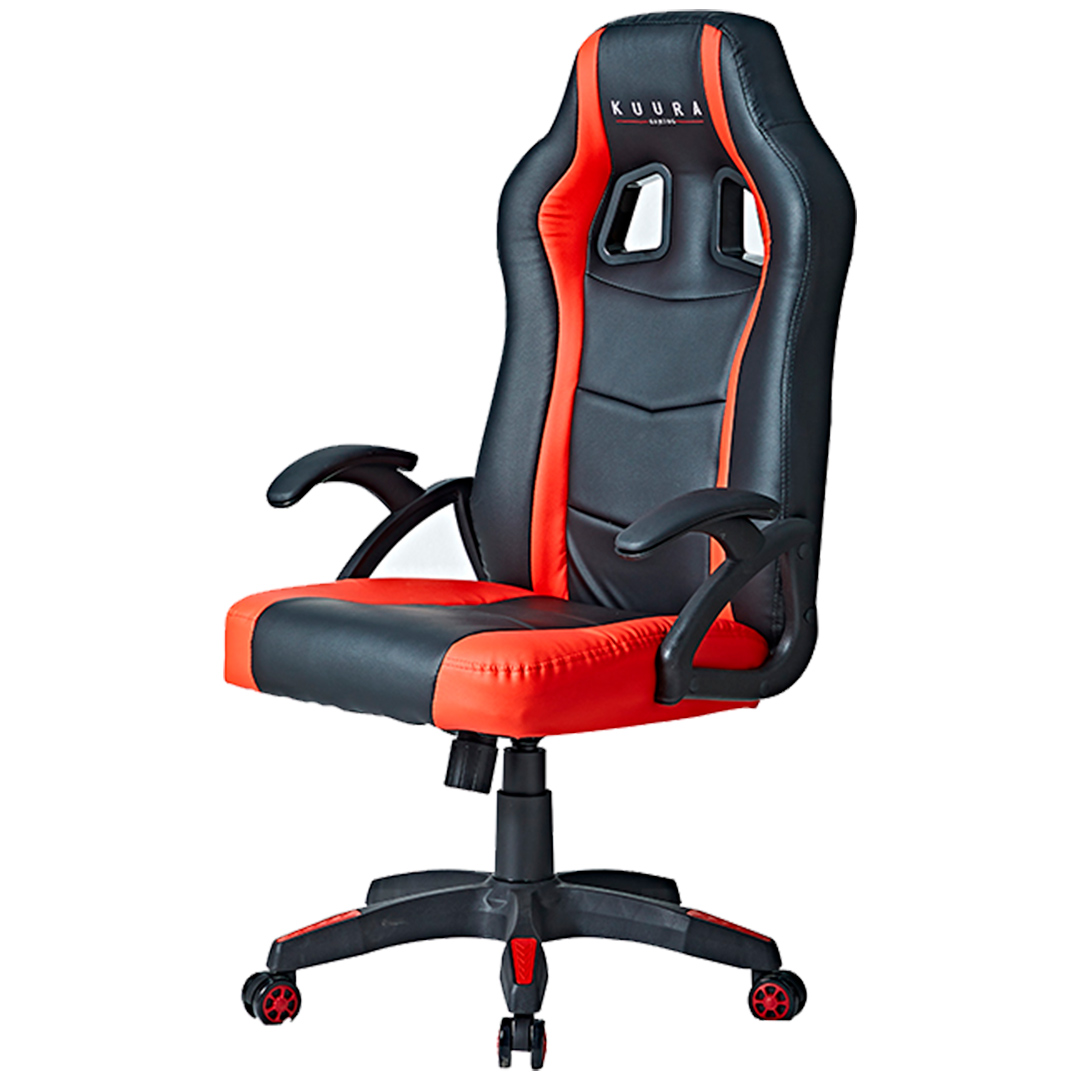 Schwarz-roter Gaming-Stuhl mit schwarzem Untergestell. Er hat Armlehnen und eine Kopfstütze, auf weißem Hintergrund.