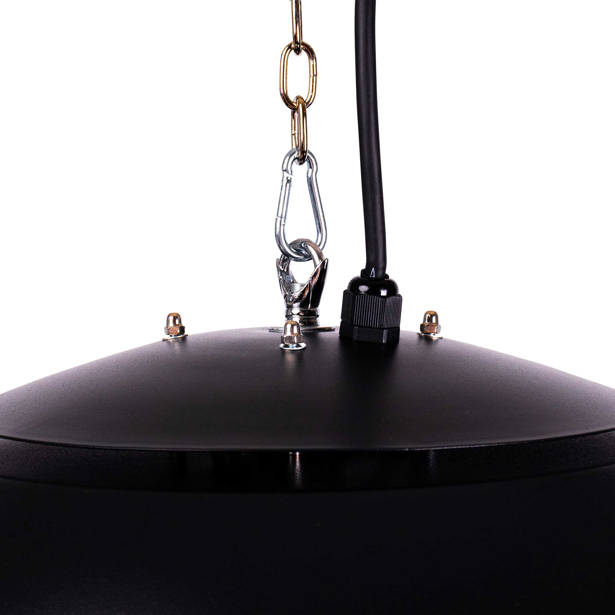 Schwarze Deckenlampe, die an einer Kette hängt. Nahaufnahme.