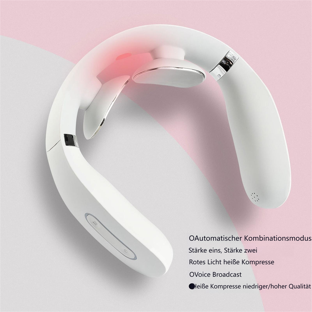 Weißes Nackenmassagegerät mit rotem Licht, auf rosa Hintergrund, mit Text.