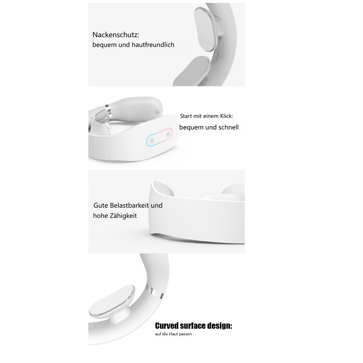 Weißes Nackenmassagegerät mit Details. Zeigt gekrümmtes Design und Knöpfe. Text in Deutsch.