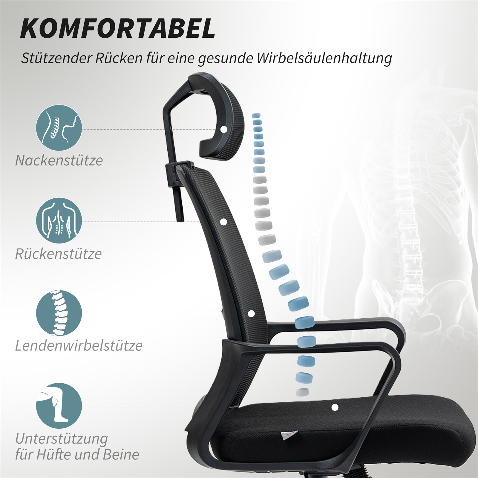 Ein ergonomischer Bürostuhl mit Kopf-, Rücken- und Lendenwirbelstütze, konzipiert für eine gesunde Haltung.