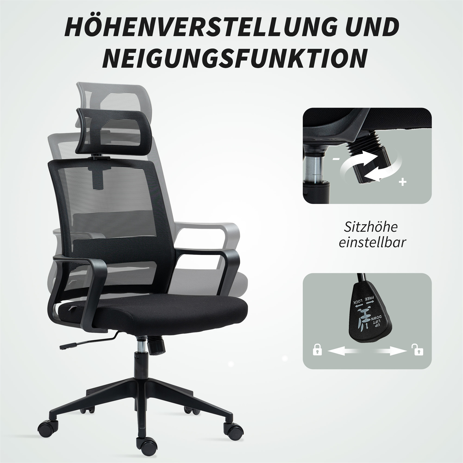 Ein Bürostuhl mit Höhen- und Neigungsverstellungsdetails. Schwarzer Stuhl mit Netzrücken.