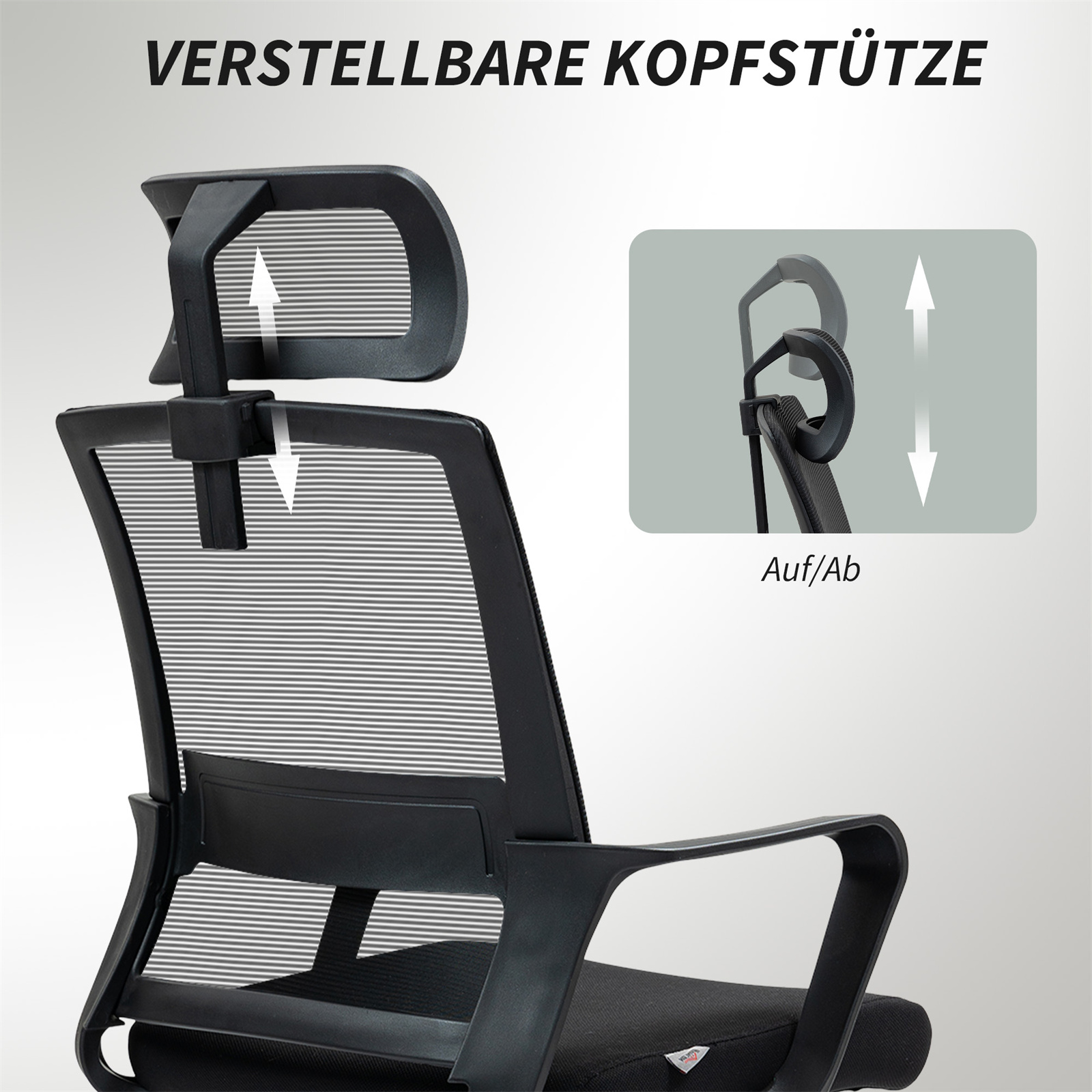 Ein Bürostuhl mit verstellbarer Kopfstütze und Netzrückenlehne.