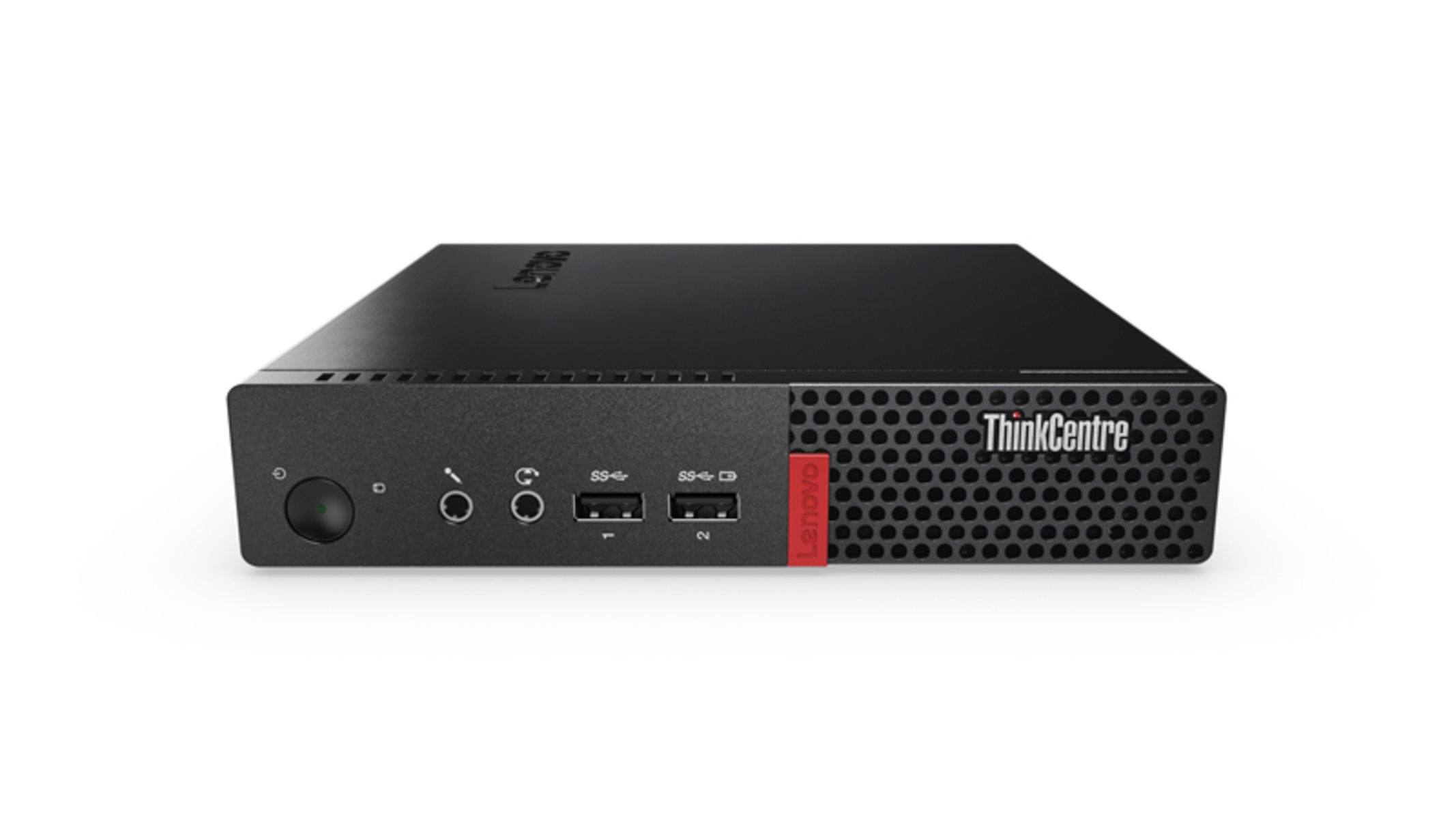 Schwarzer Lenovo ThinkCentre Desktop-Computer. Frontansicht. Weißer Hintergrund.
