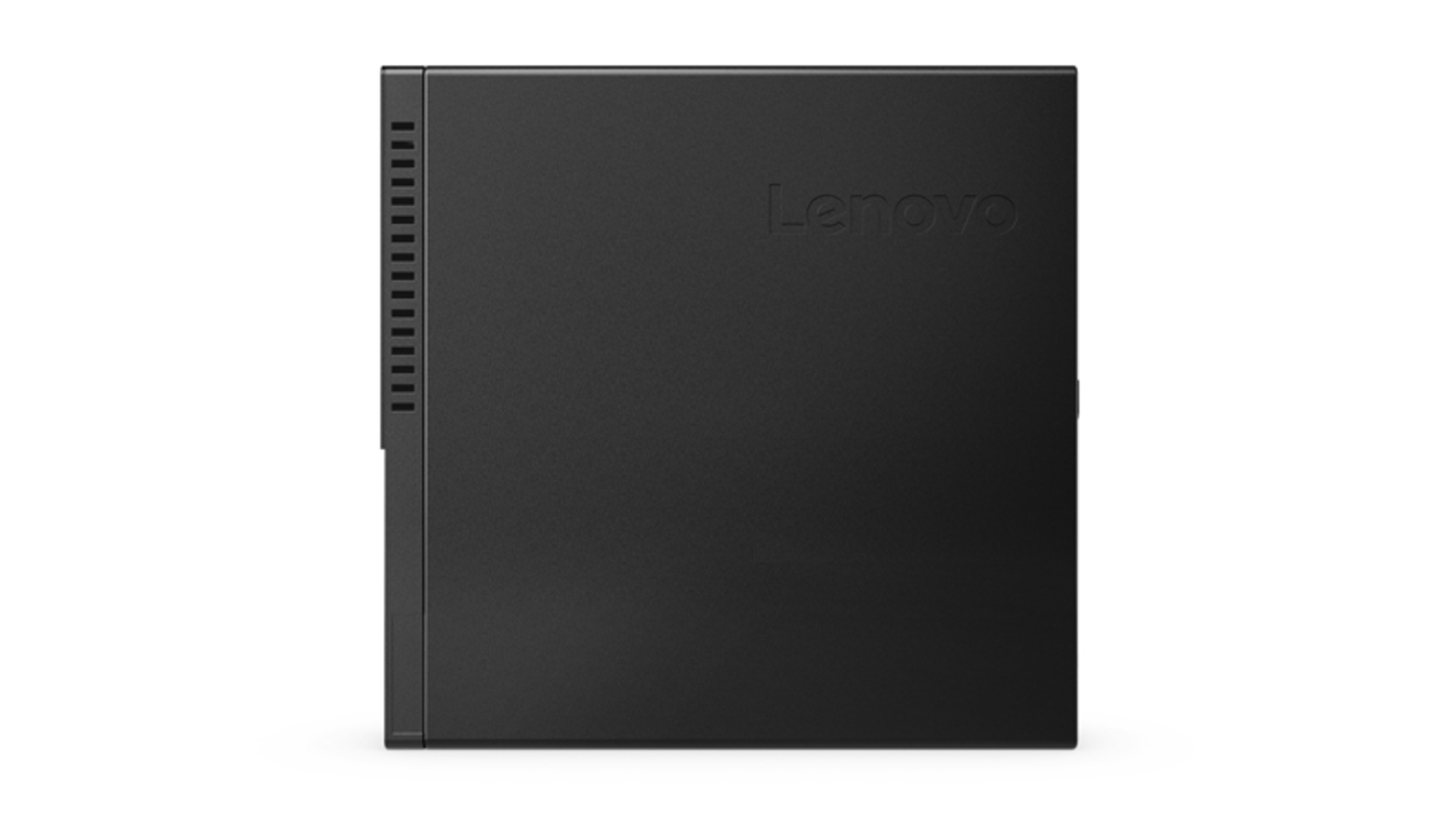 Schwarzer Lenovo-Desktop-Computer auf weißem Hintergrund. Das Lenovo-Logo ist sichtbar.