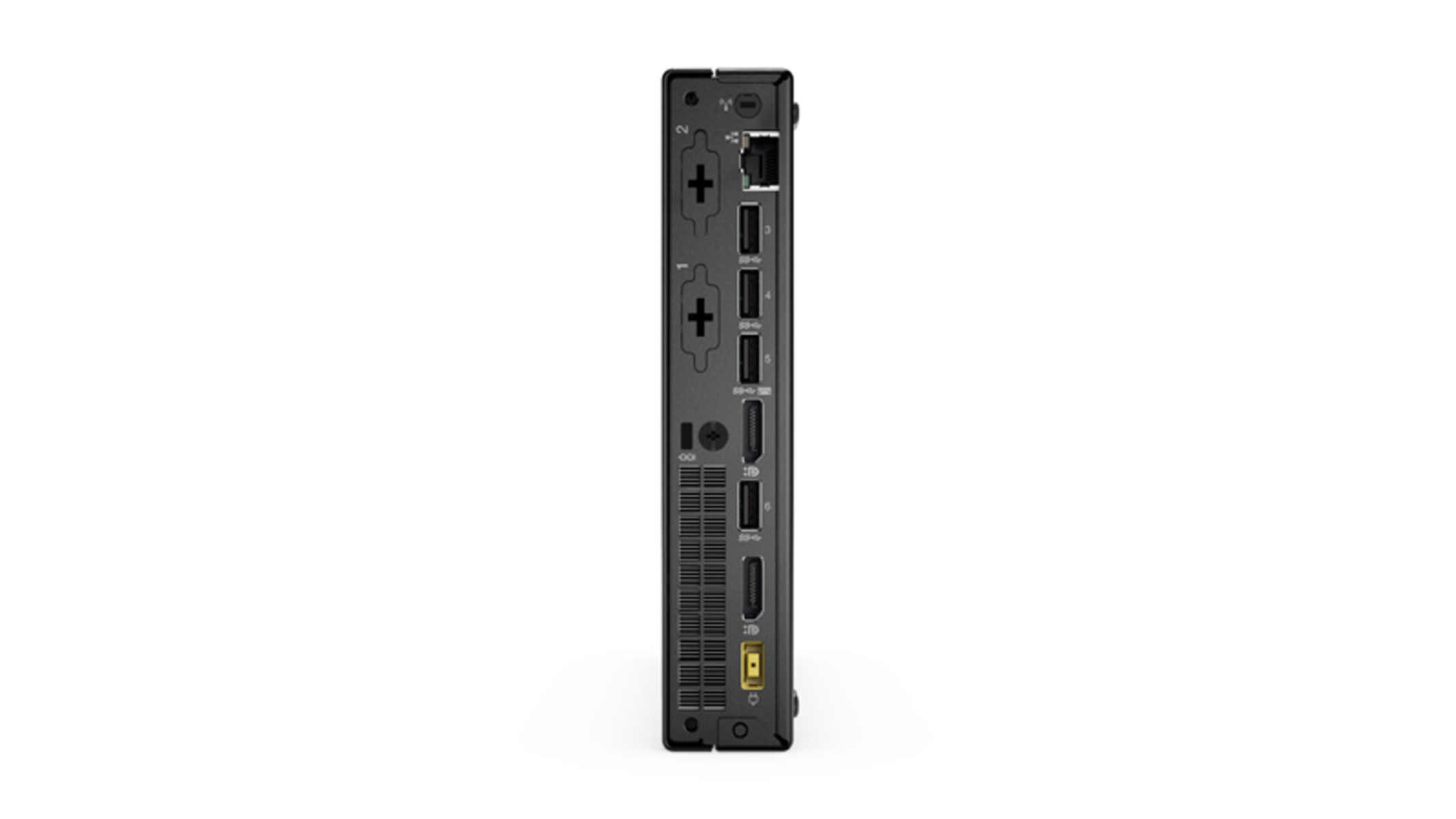 Die Rückseite eines schwarzen Computers mit verschiedenen Anschlüssen und Steckern, vor weißem Hintergrund.