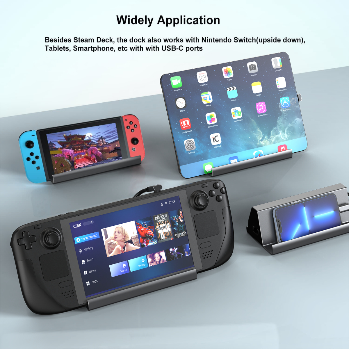 Ein Steam Deck, ein Tablet und ein Telefon werden auf Ständern angezeigt. Der Text lautet weit verbreitete Anwendung.