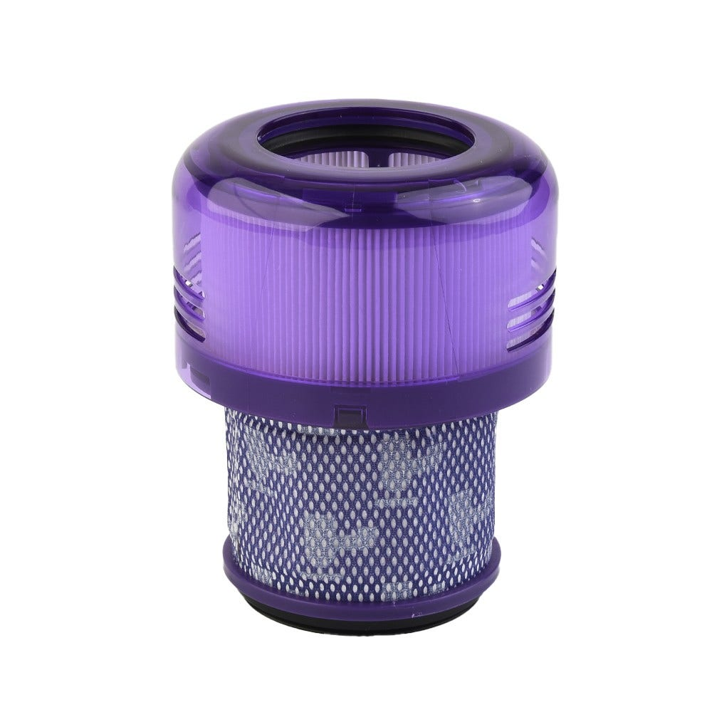 Un filtro per aspirapolvere viola, cilindrico, con una parte superiore traslucida e un filtro a rete all'interno.