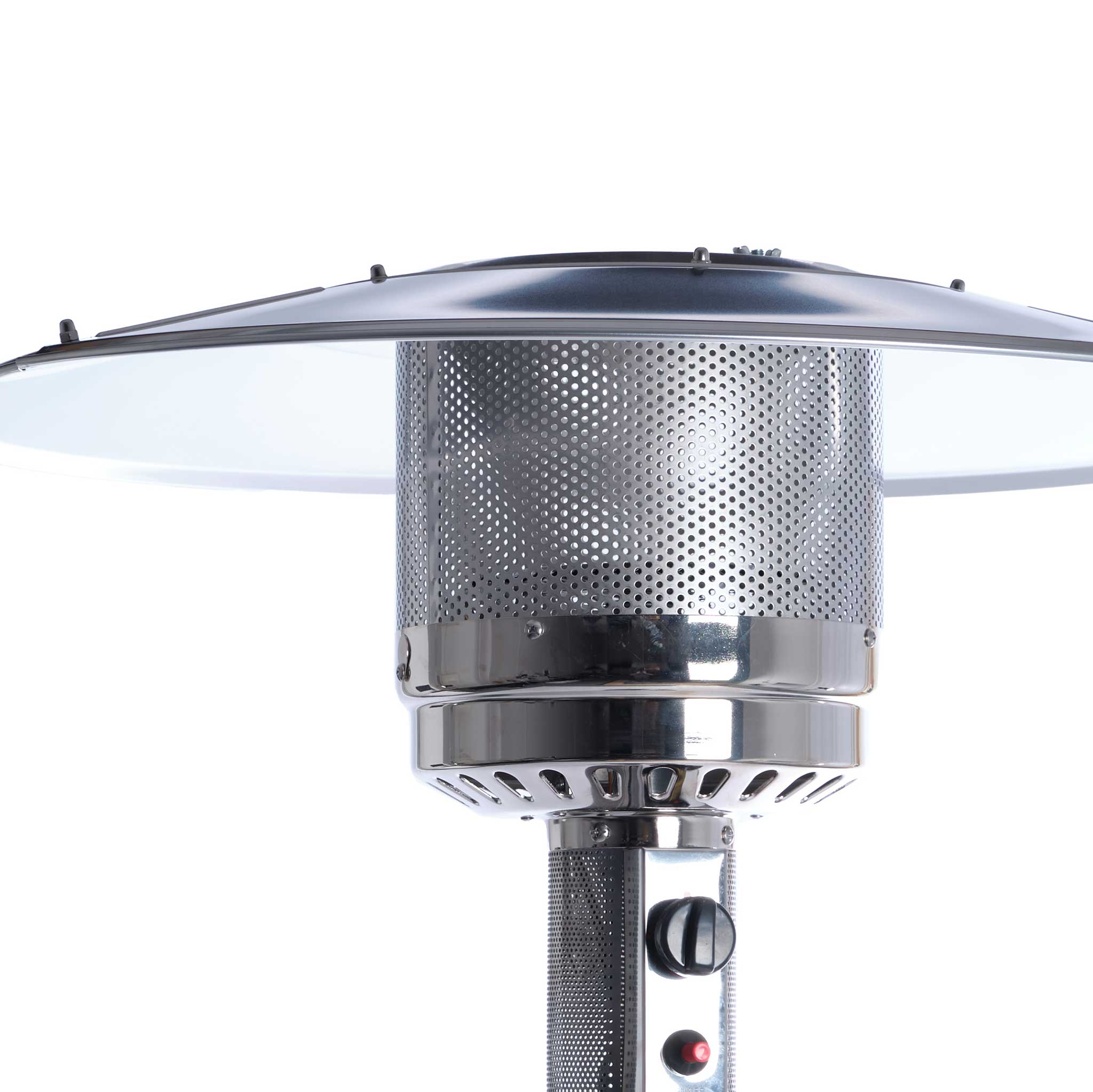 Srebrny grzejnik zewnętrzny z perforowanym metalowym korpusem i górnym reflektorem.