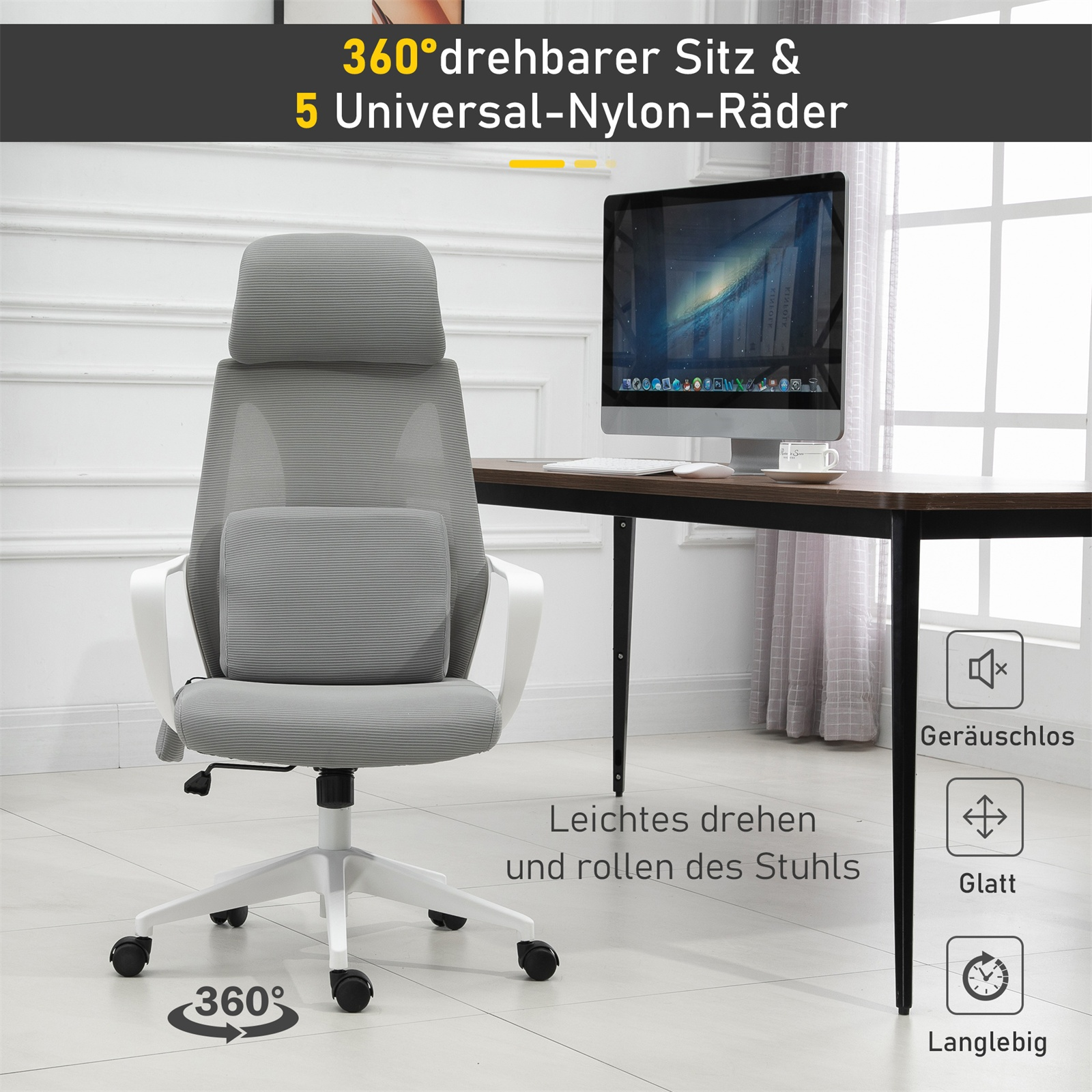 Ein grau-weißer Bürostuhl an einem Schreibtisch mit Computermonitor, mit Text auf Deutsch.