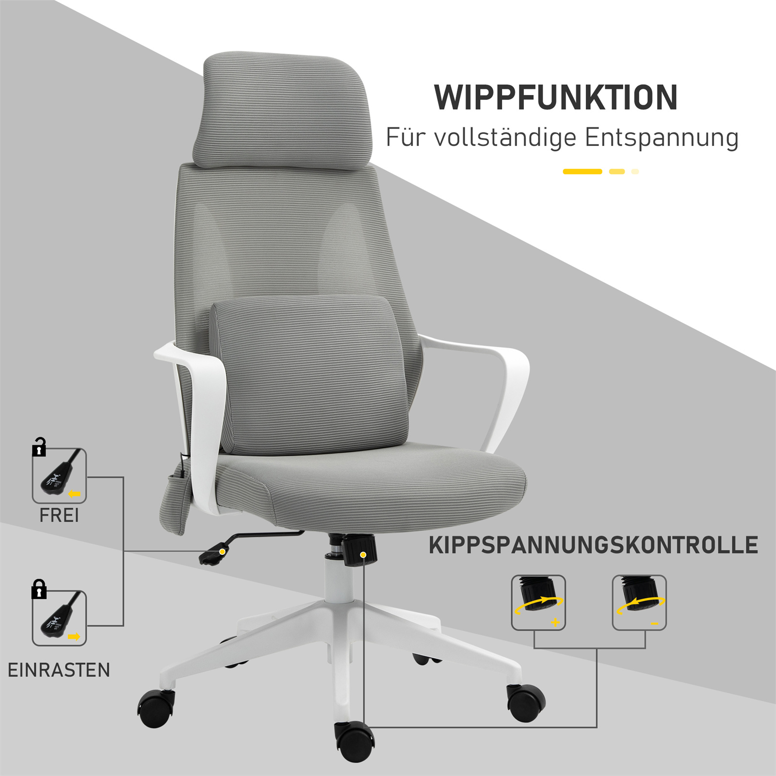 Grauer Bürostuhl mit Kopfstütze und Lendenwirbelstütze. Weiße Armlehnen und Basis, schwarze Räder.