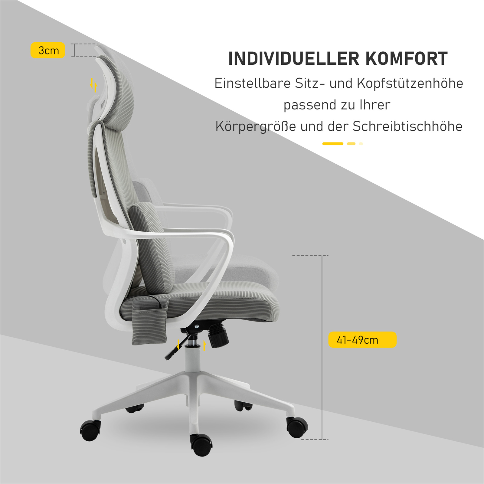 Ergonomischer Bürostuhl: grauer Sitz, weißes Gestell, verstellbare Kopfstütze und Armlehnen. Text: 'INDIVIDUELLER KOMFORT'.