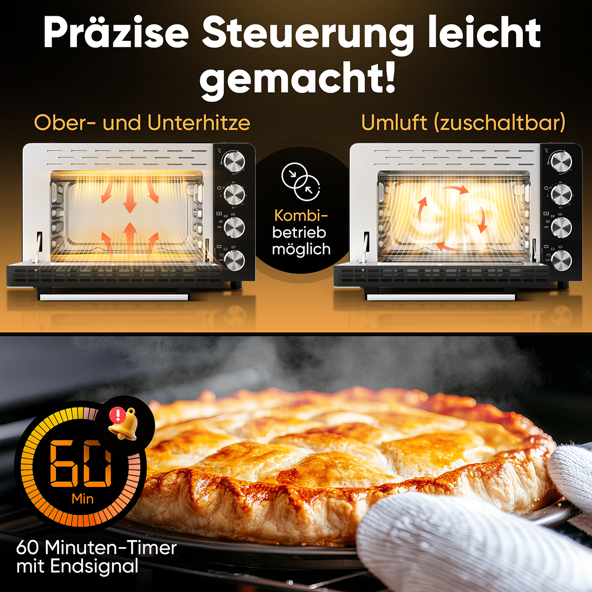 Forno che mostra due impostazioni di riscaldamento, con un timer e una torta.