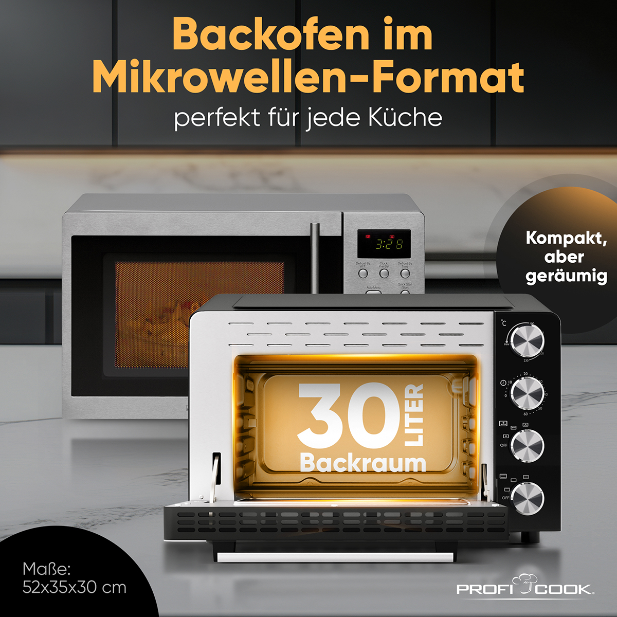 Un forno a microonde con una capacità di 30 litri, e il testo 'Backofen im Mikrowellen-Format'.