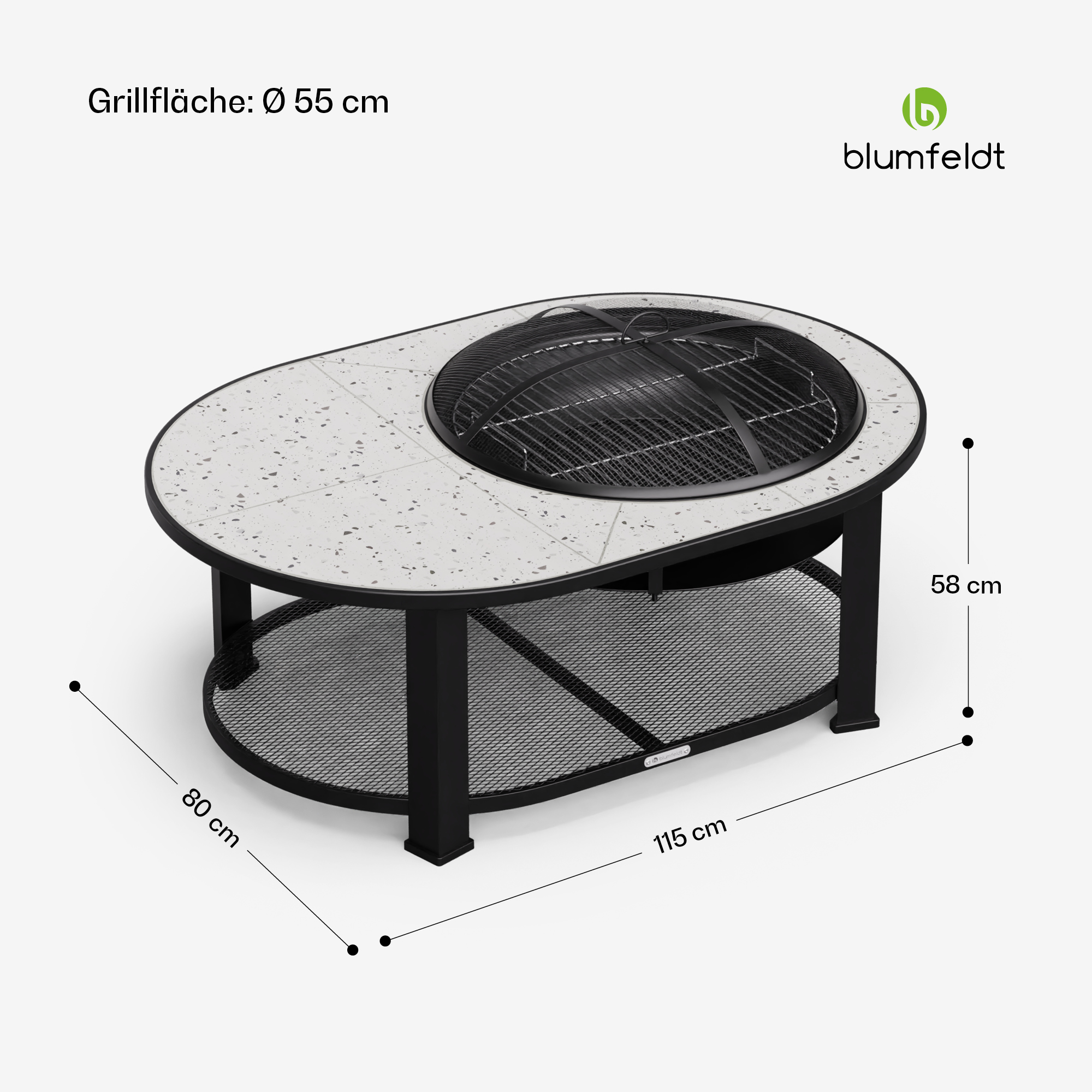 Ein ovaler Außengrill mit schwarzem Rahmen und steinartiger Oberfläche. Abmessungen werden angezeigt.