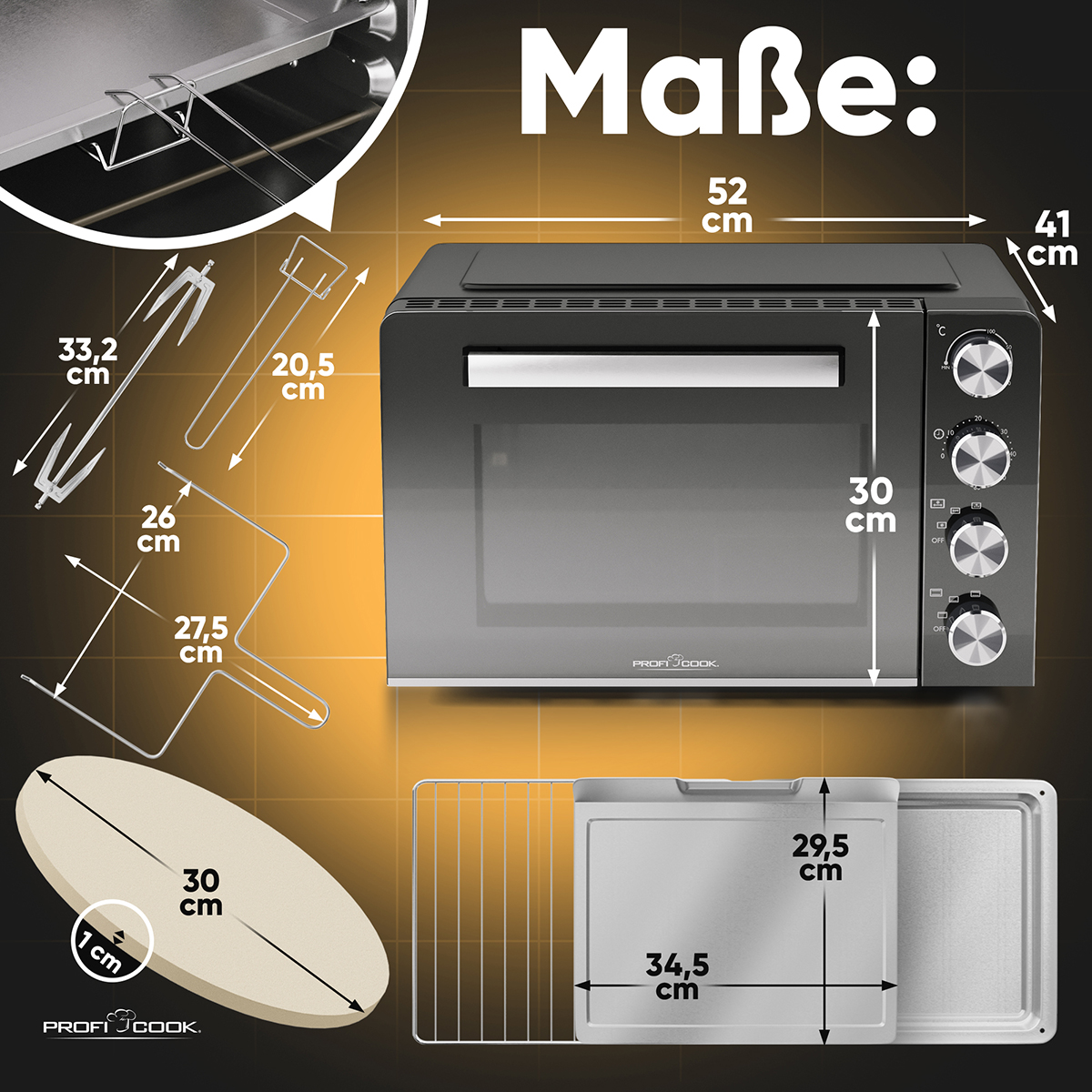 Forno con dimensioni e utensili da cucina, con sfondo bianco.
