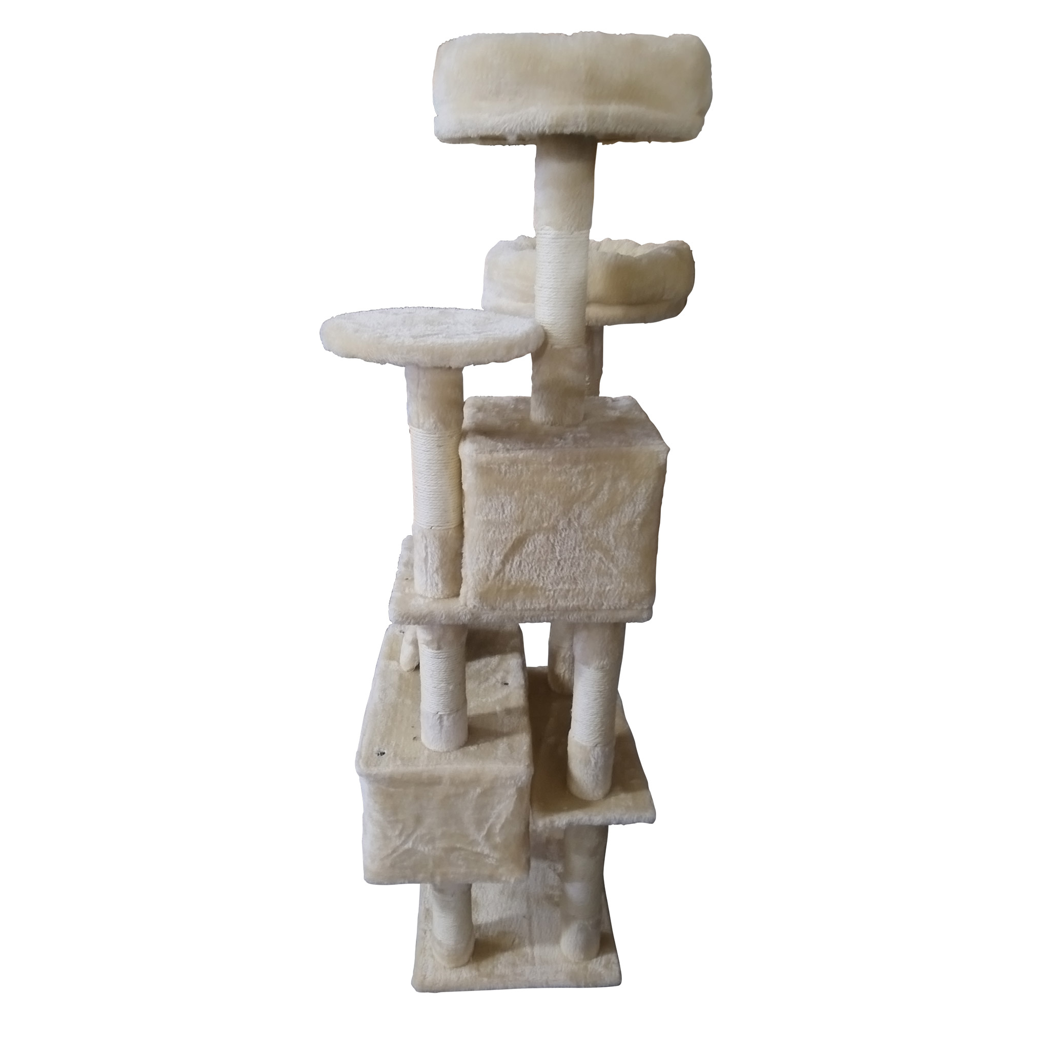Beżowe drzewko dla kota z wieloma platformami, słupkami i legowiskiem.