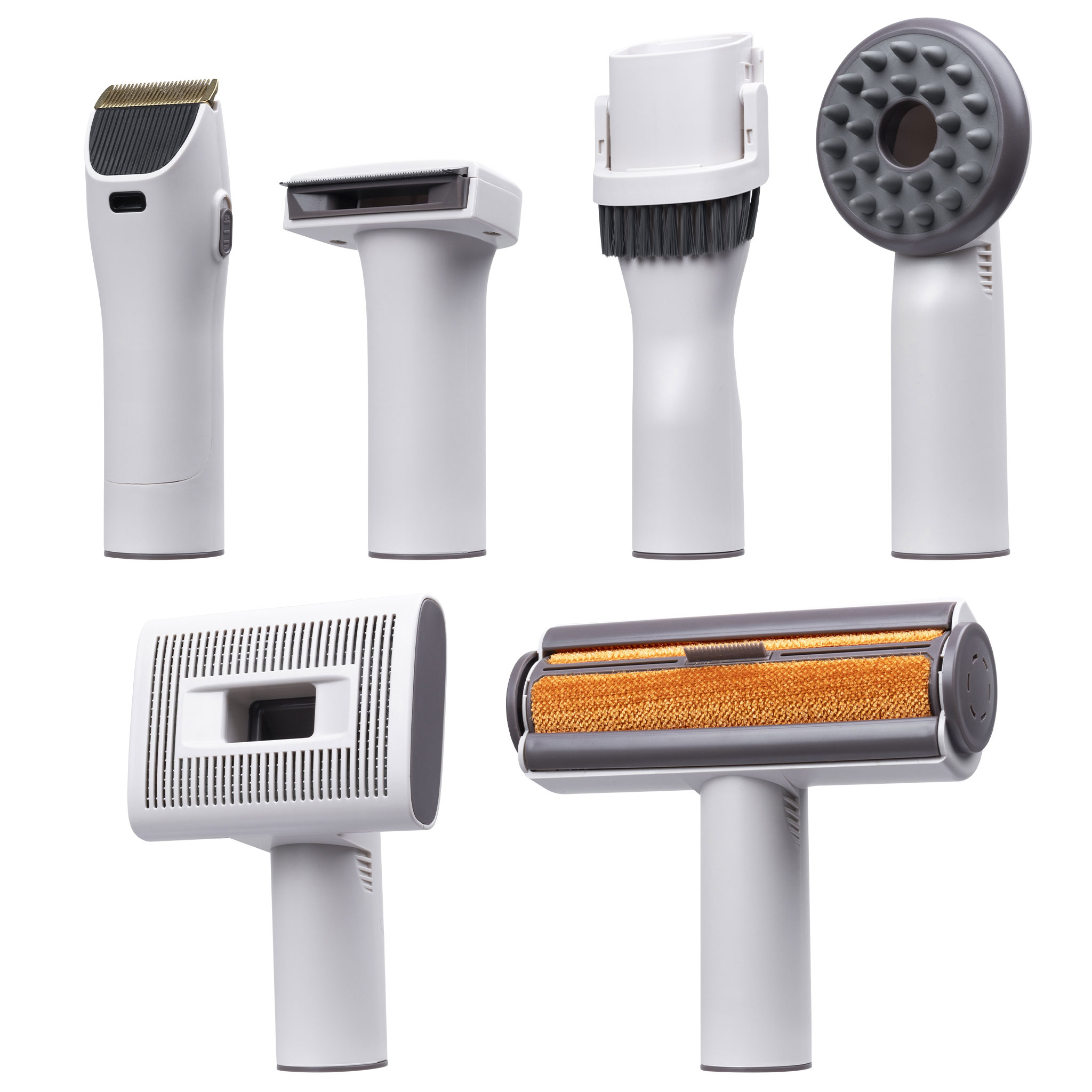 Verschiedene Pflegeaufsätze. Beinhaltet einen Trimmer, eine Bürste und einen Massagekopf, alle weiß.