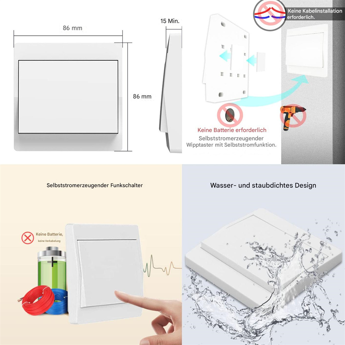 Weißer Lichtschalter mit Abmessungen und Diagramm. Text: Keine Batterie erforderlich, keine Verkabelung.