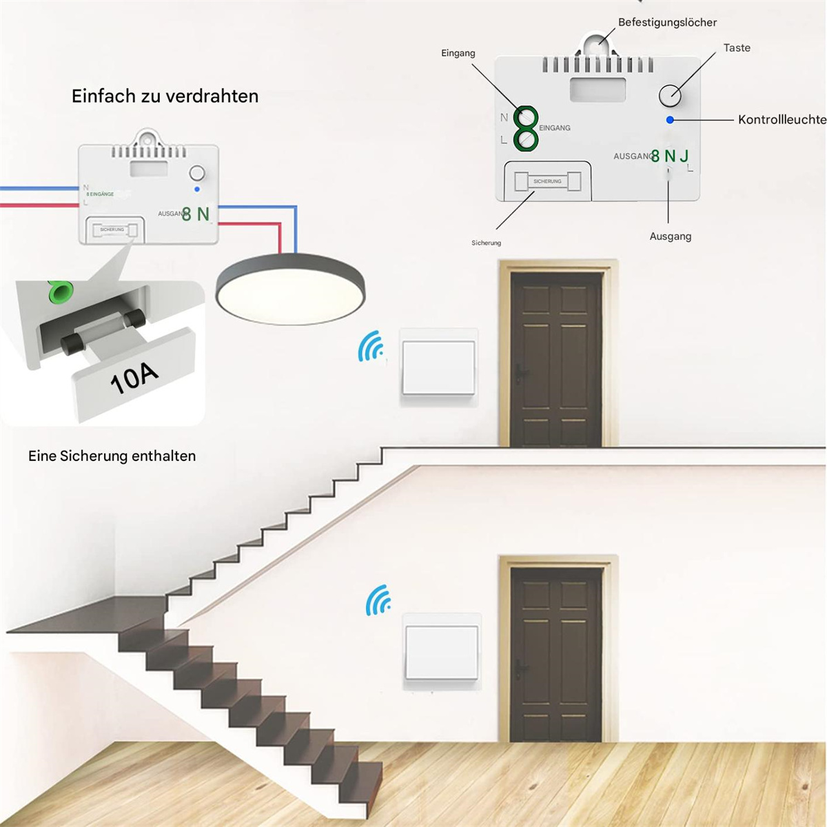 Diagramm der elektrischen Verdrahtung, mit einer Leuchte, einem Schalter und beschrifteten Komponenten.