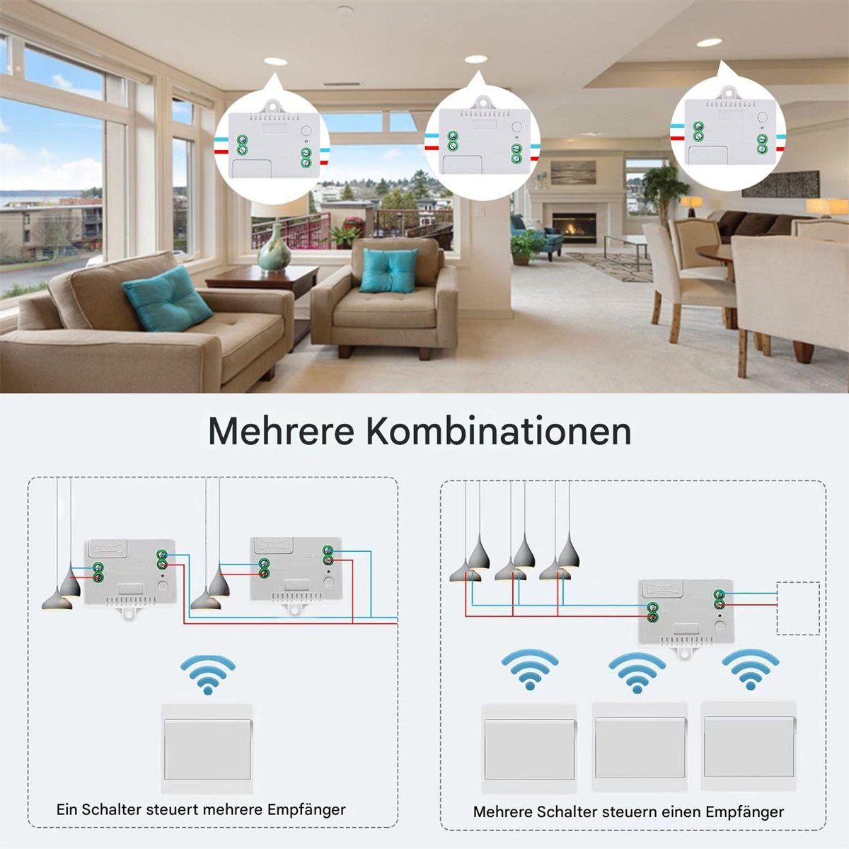 Diagramm der Smart Home Schalterkonfigurationen. Zeigt, wie ein Schalter mehrere Empfänger steuern kann und umgekehrt.