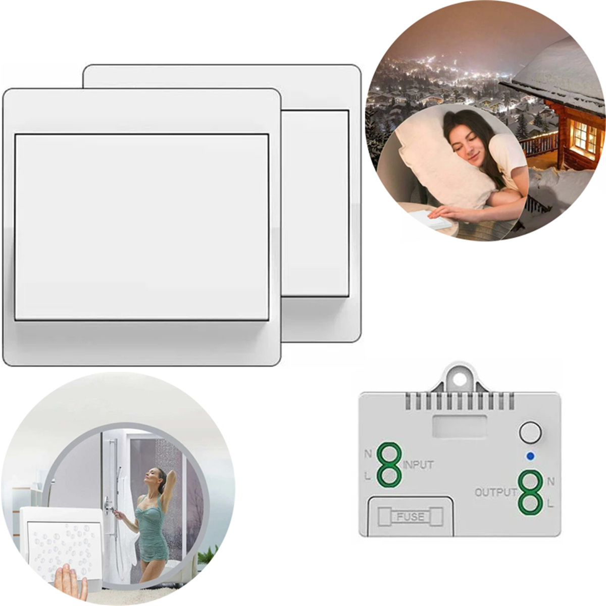 Collage von Smart-Home-Geräten: Lichtschalter, ein Controller und eine Person, die ein Tablet verwendet.
