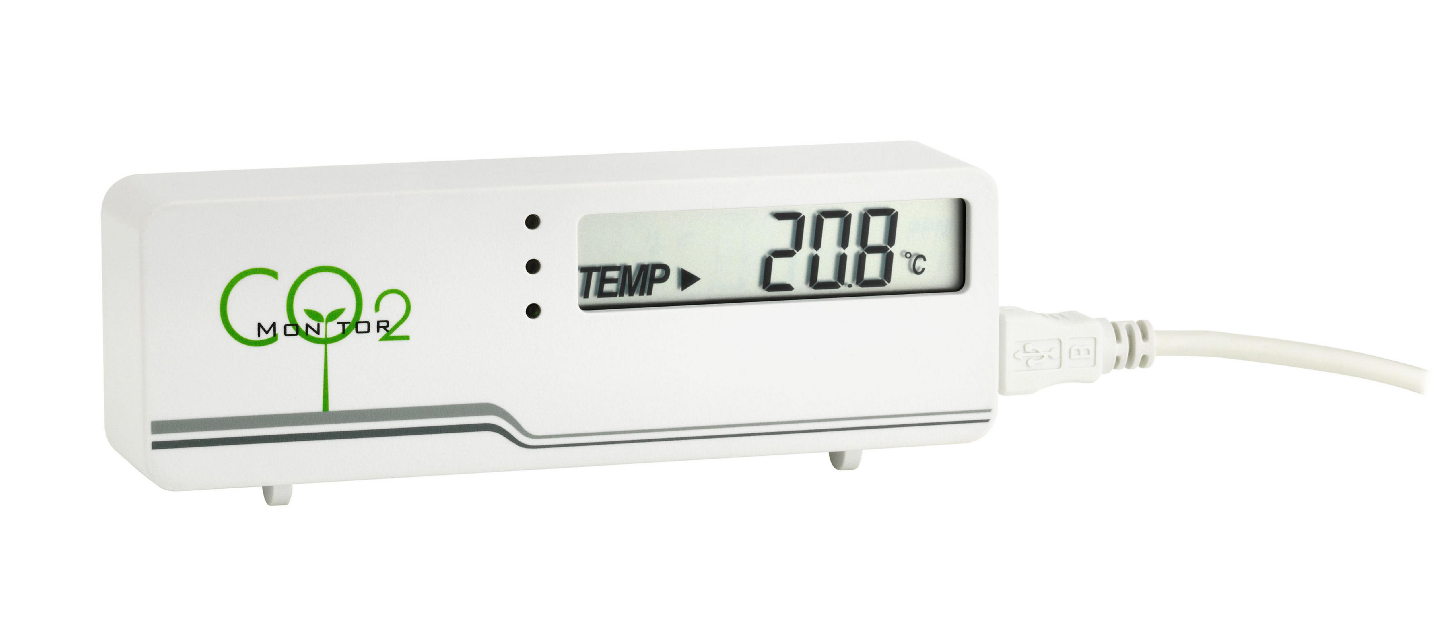 Ein weißer CO2-Monitor zeigt 20,8 Grad an. Ein USB-Kabel ist eingesteckt. Text lautet CO2 Monitor.