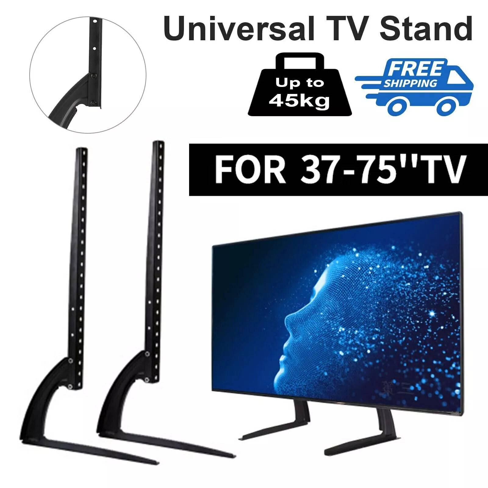 Schwarzer TV-Ständer mit zwei vertikalen Halterungen und einem TV rechts. Text: Universal TV-Ständer. Bis zu 45 kg. Für 37-75" TV.