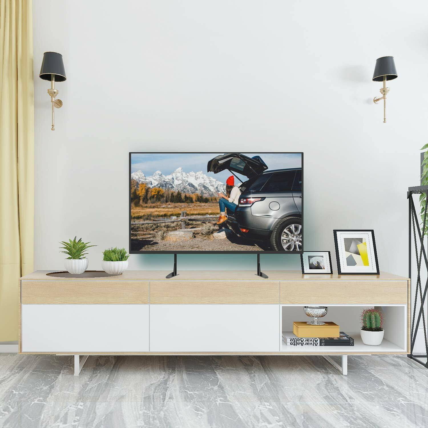 Wohnzimmer mit Fernseher auf Holzständer. Ein Auto ist auf dem Bildschirm zu sehen. Pflanzen und Kunst sind vorhanden.