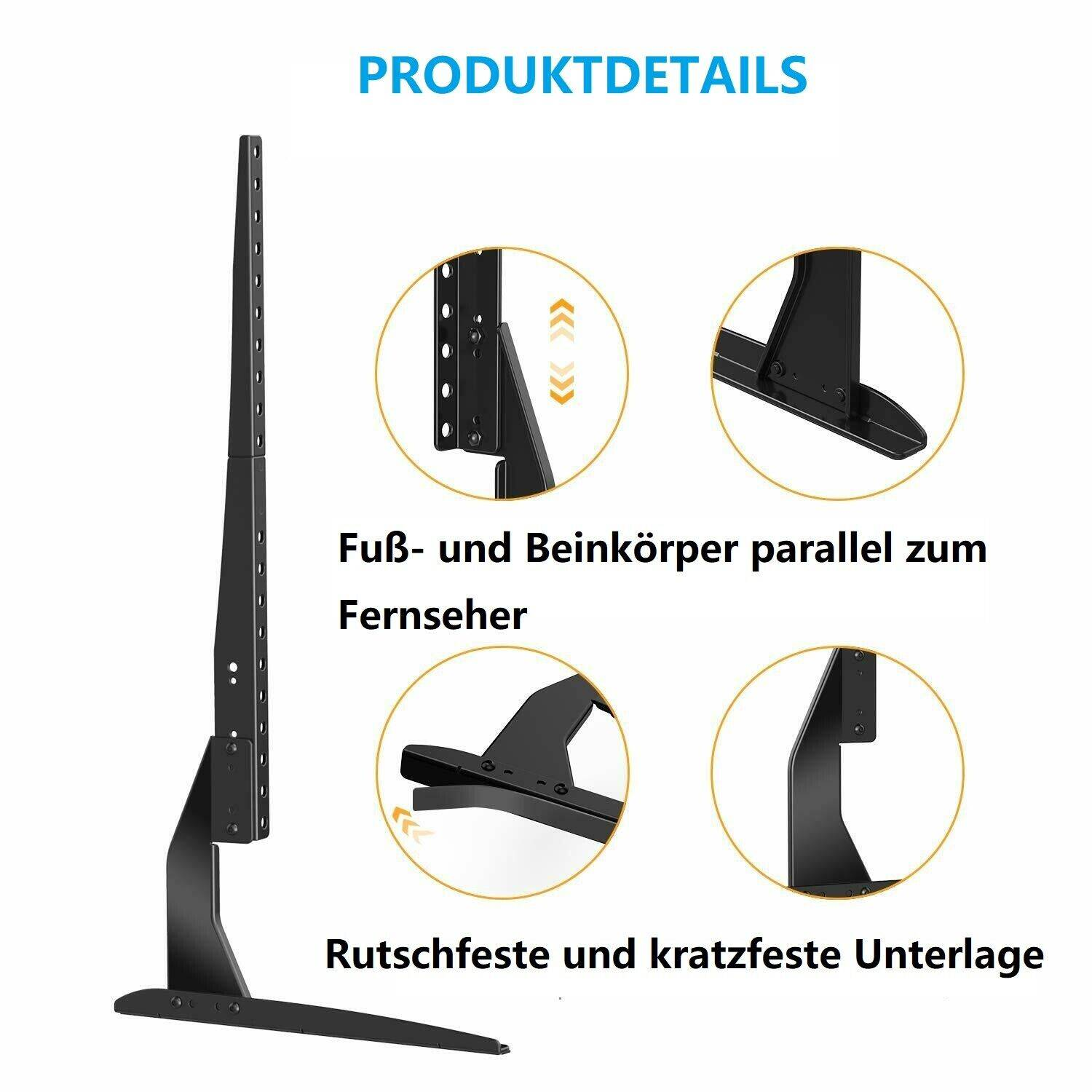 TV-Ständer-Komponenten: ein schwarzer Sockel, eine vertikale Stütze und Befestigungsmaterial. Weißer Hintergrund.