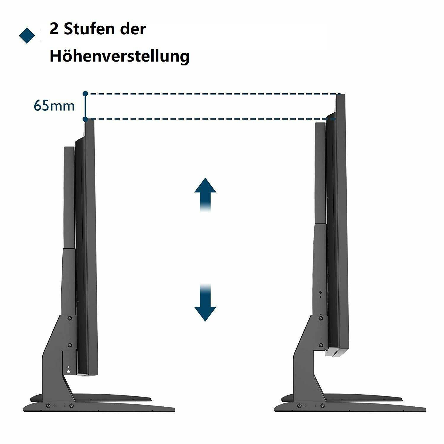Zwei Monitore mit Höhenverstelloptionen, die einen Unterschied von 65 mm zeigen.