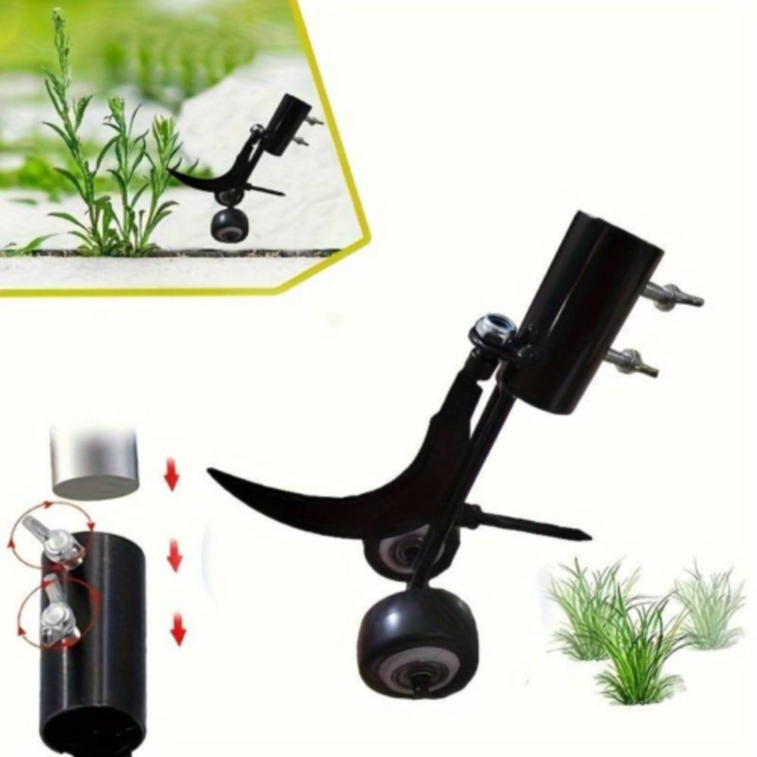 Ein schwarzes Unkrautbekämpfungswerkzeug mit gebogener Klinge, Gras und eine Pflanze.