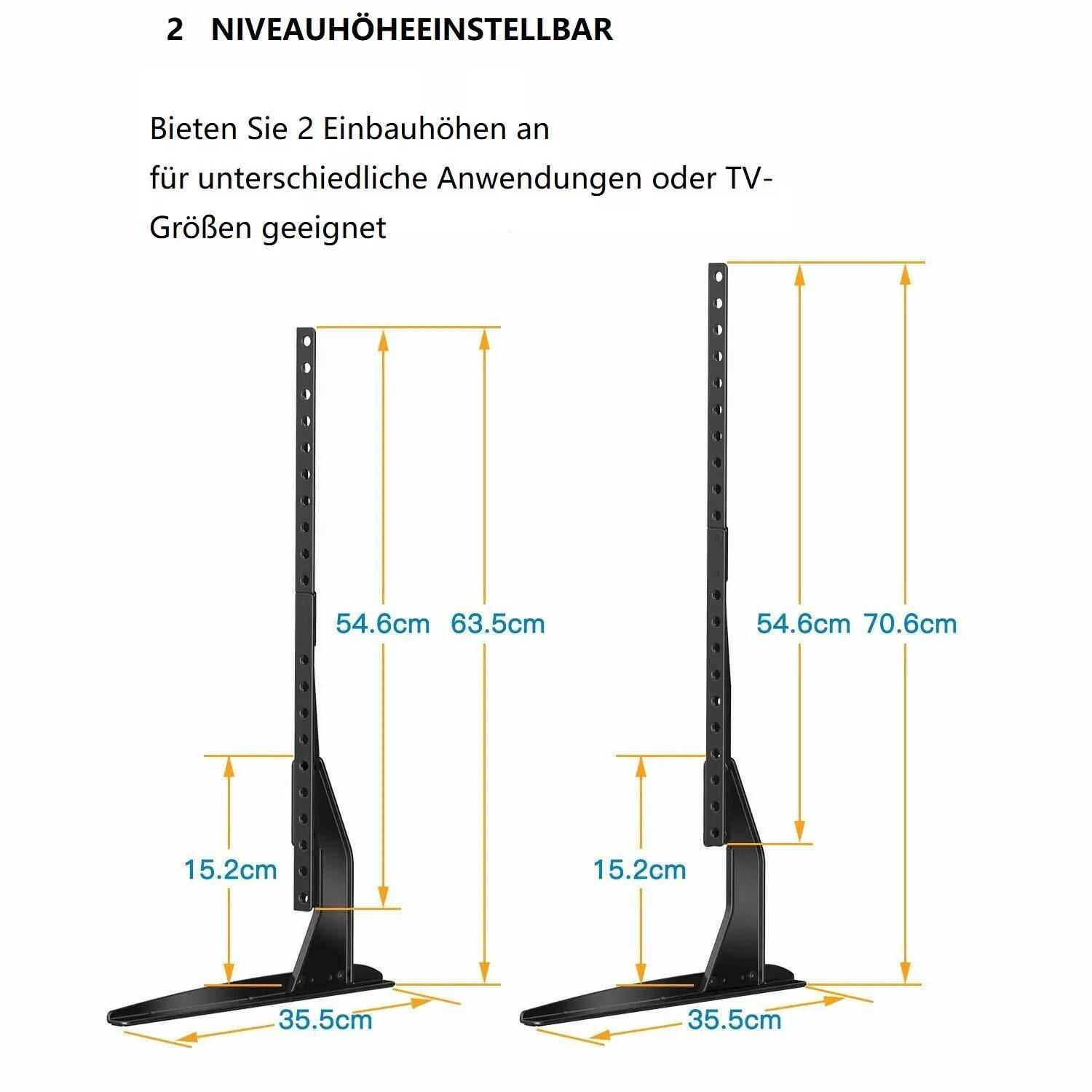 Schwarzer Ständer für einen Fernseher, mit Maßangaben.