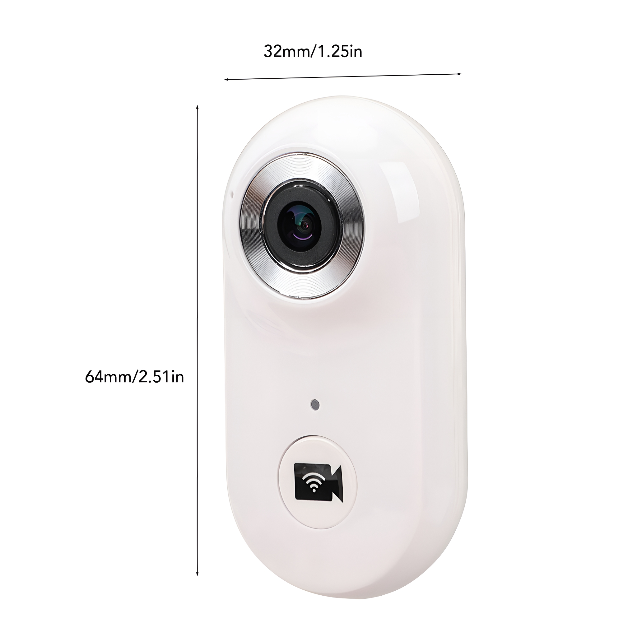 Weiße, ovale Überwachungskamera. Sie hat ein Kameraobjektiv und einen Knopf mit WLAN-Symbol.