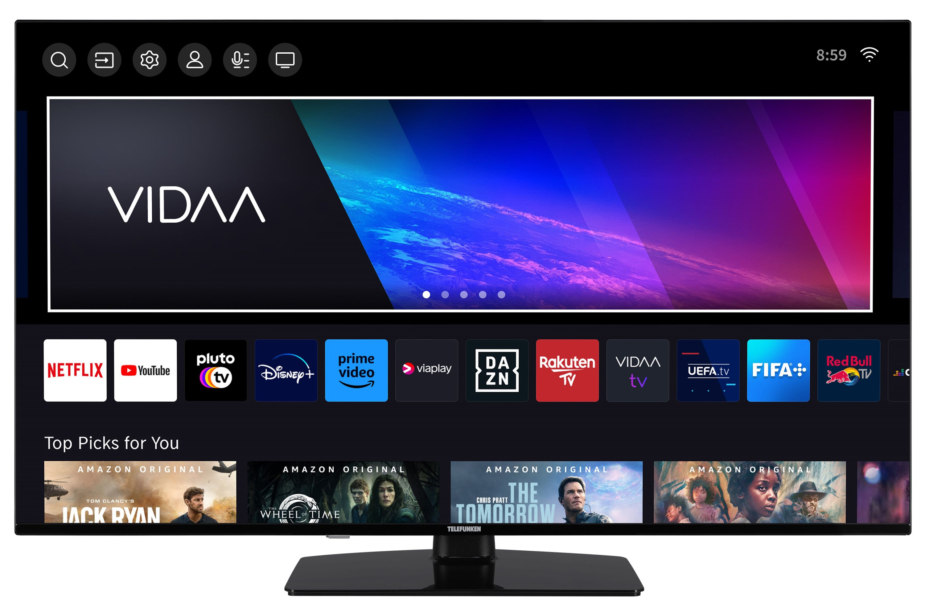 Ein Flachbildfernseher, der eine farbenfrohe Oberfläche mit Apps, darunter Netflix und YouTube, auf einem Ständer anzeigt.