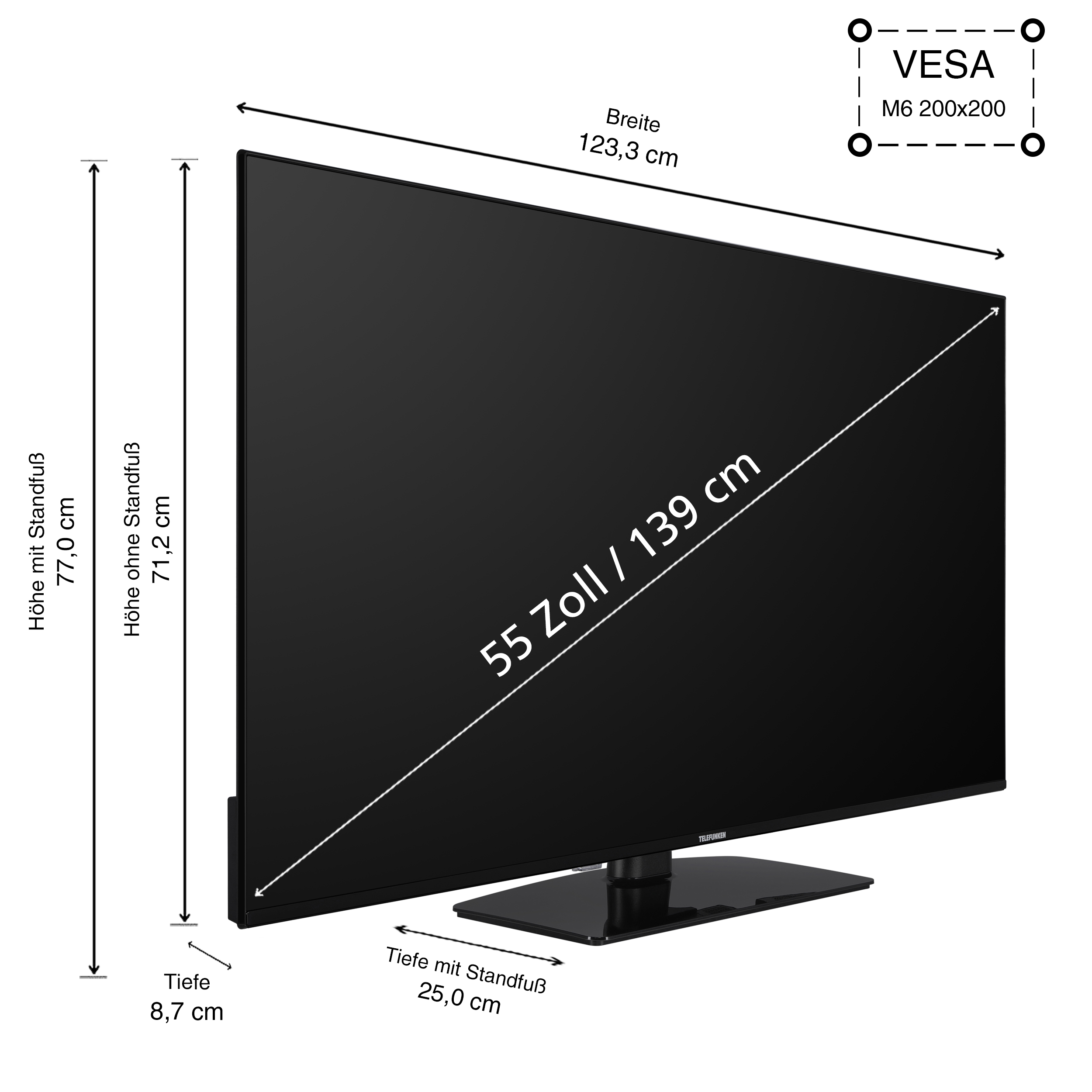 Ein großer schwarzer Fernseher mit Ständer, mit Abmessungen auf Deutsch beschriftet.