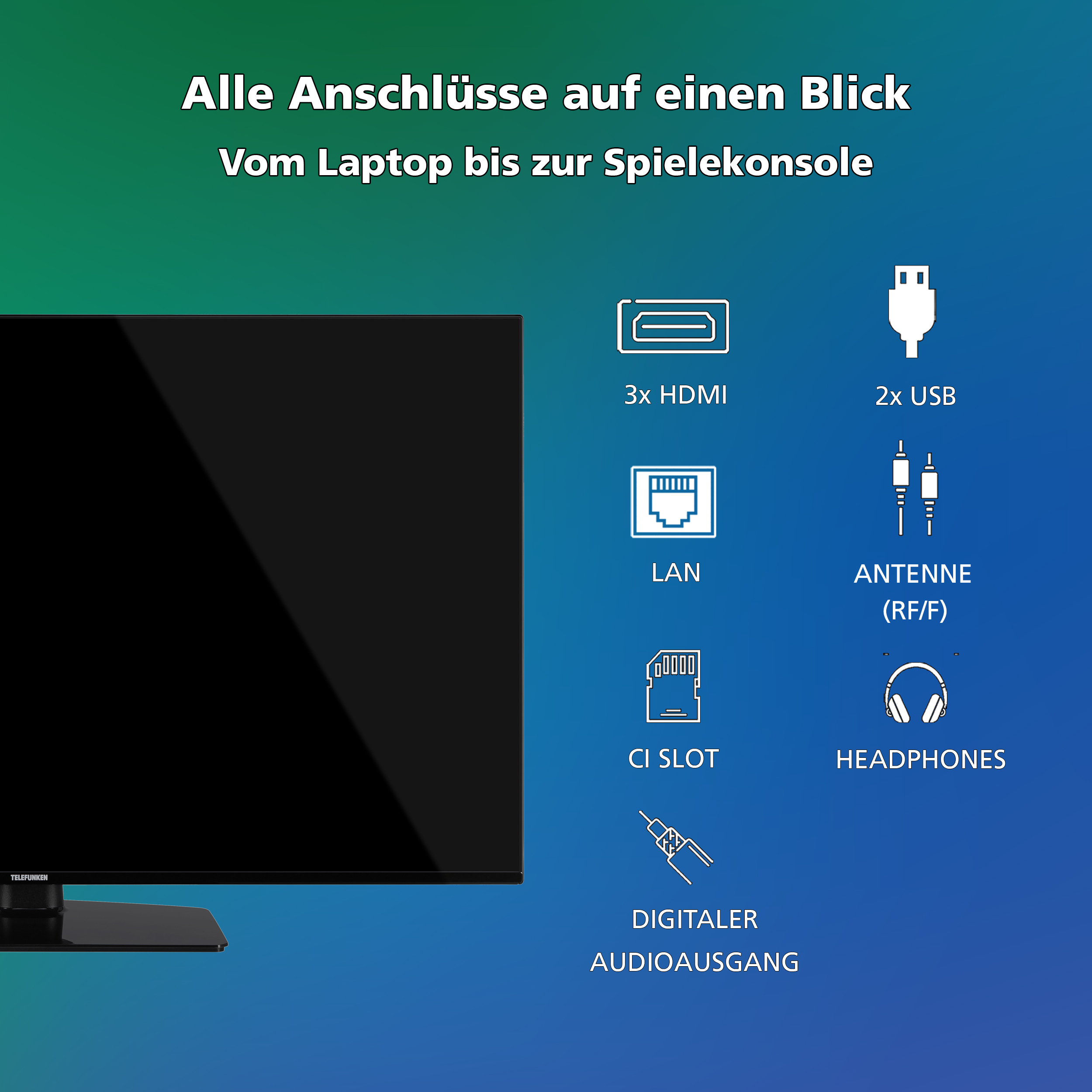 Fernseher mit beschrifteten Anschlüssen. 3x HDMI, 2x USB, LAN, CI SLOT, DIGITAL AUDIO OUTPUT, ANTENNE, HEADPHONES.