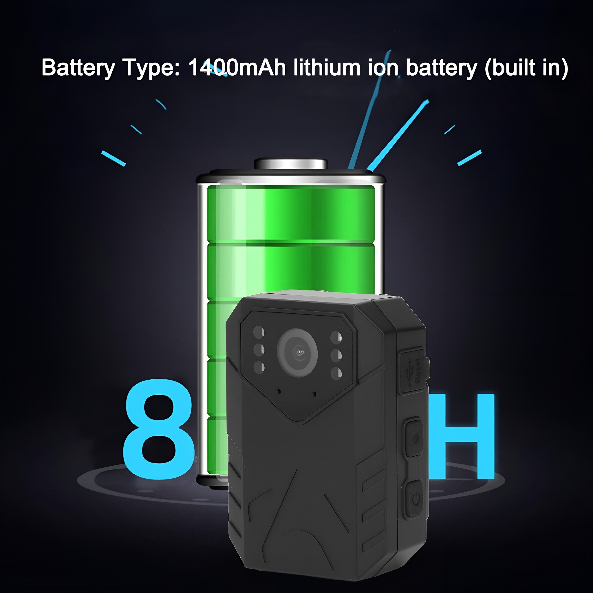 Eine schwarze Action-Kamera mit grüner Batterie, mit blauem Hintergrund.
