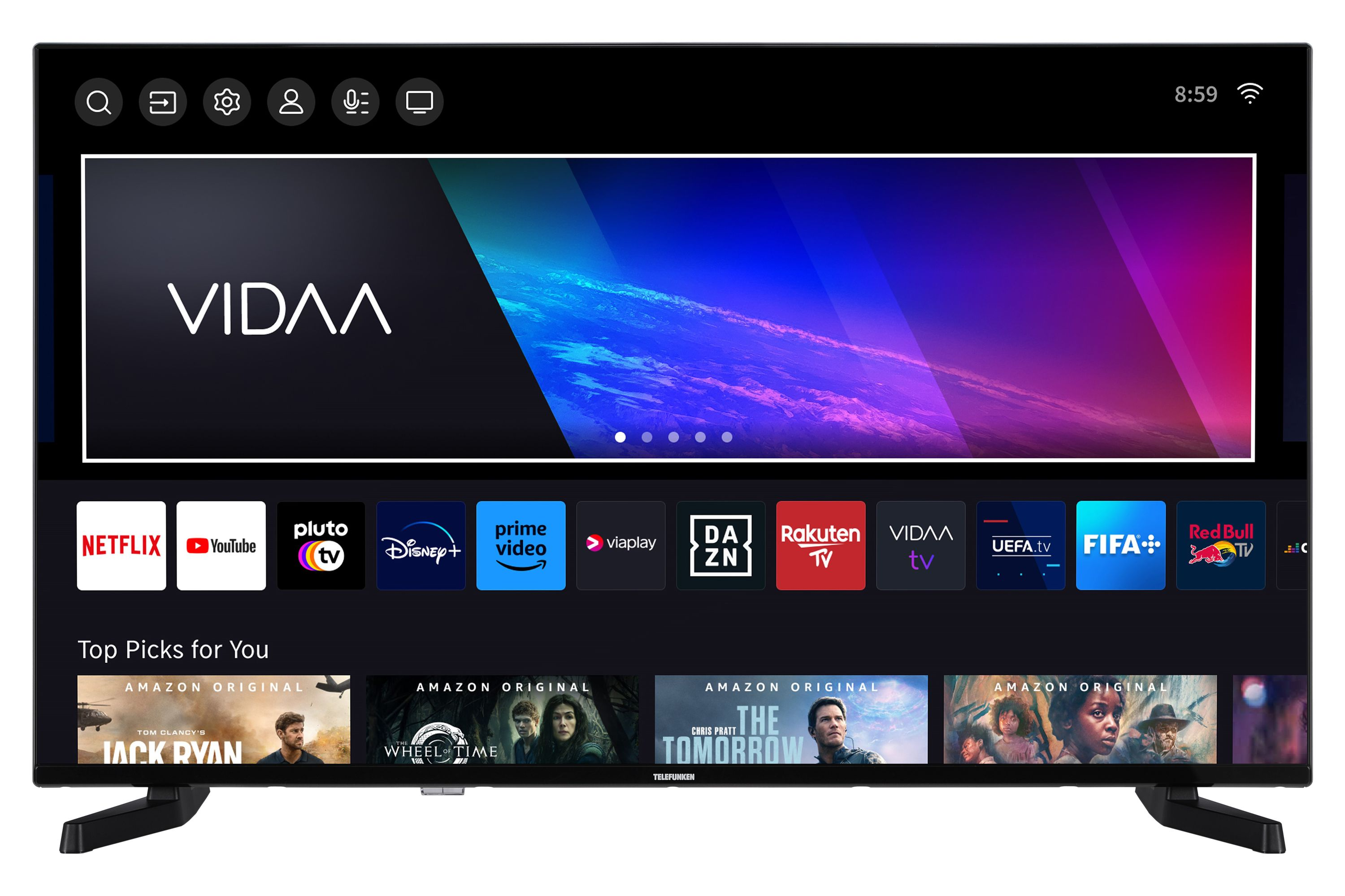 Ein großer Smart-TV zeigt eine VIDAA-Oberfläche mit App-Symbolen auf weißem Hintergrund.