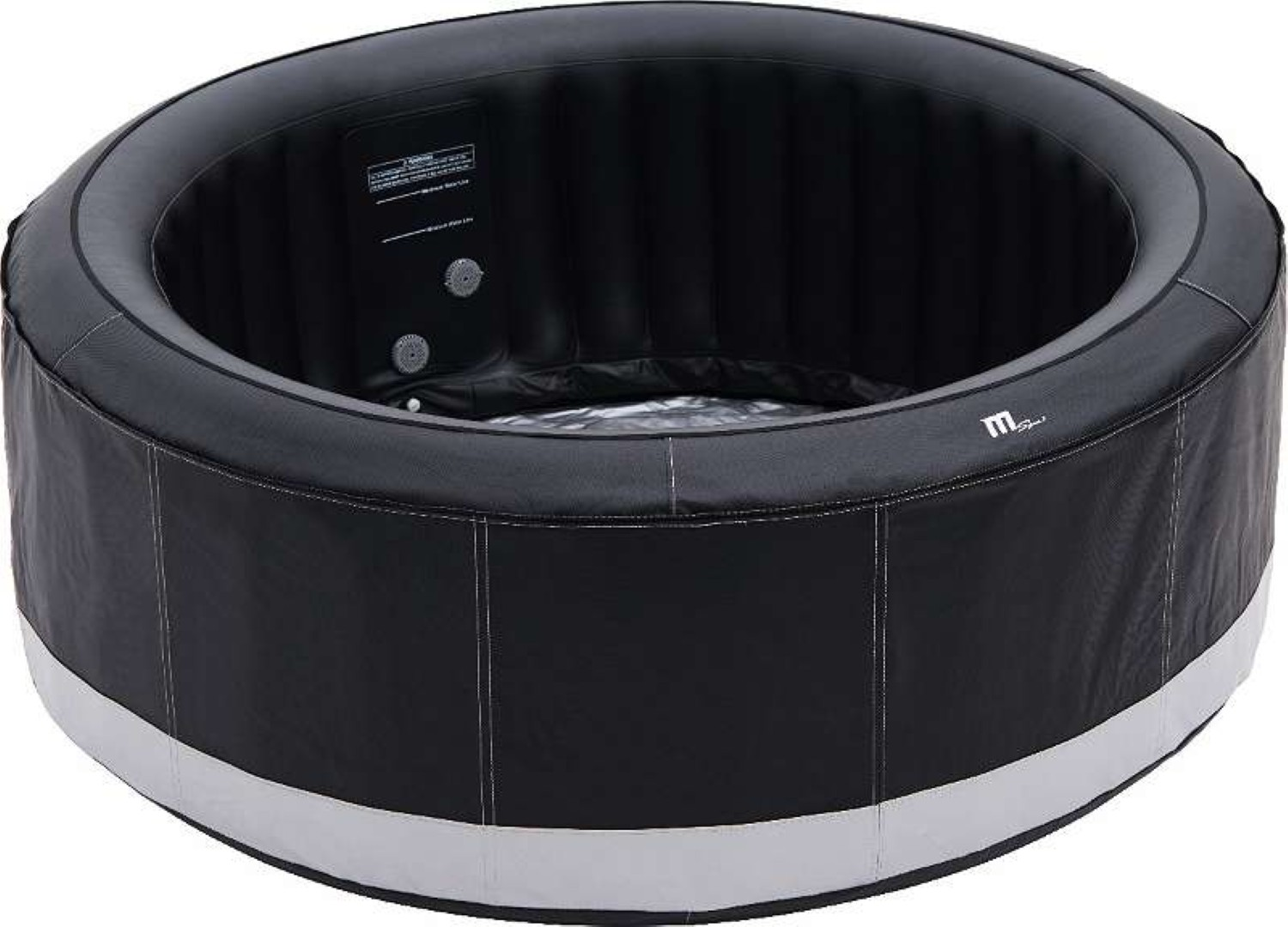 Schwarzer aufblasbarer Whirlpool. Graue Zierleiste am Sockel. Isoliert auf weißem Hintergrund.