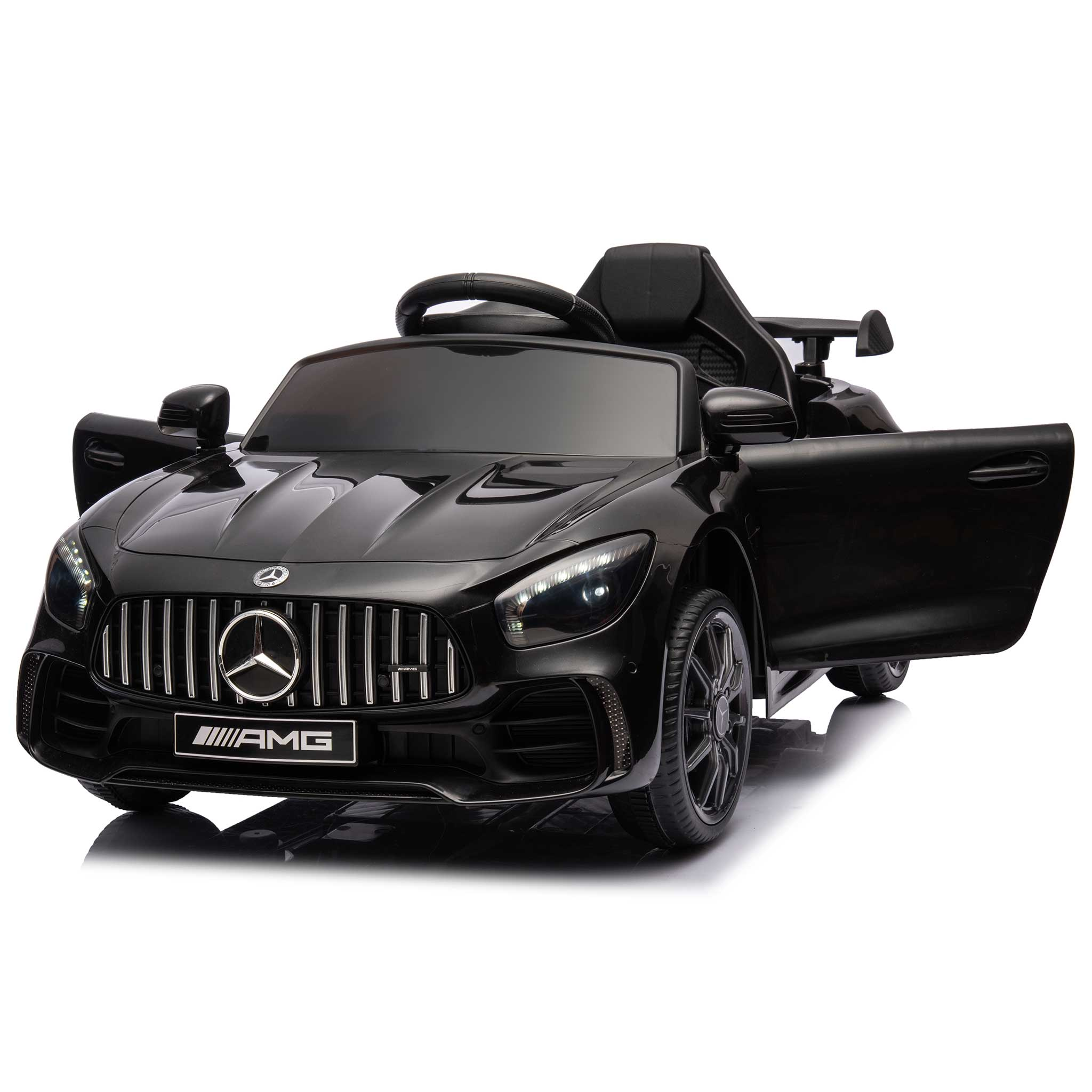 Ein schwarzes elektrisches Spielzeugauto mit offenen Türen, Mercedes-Benz-Logo.