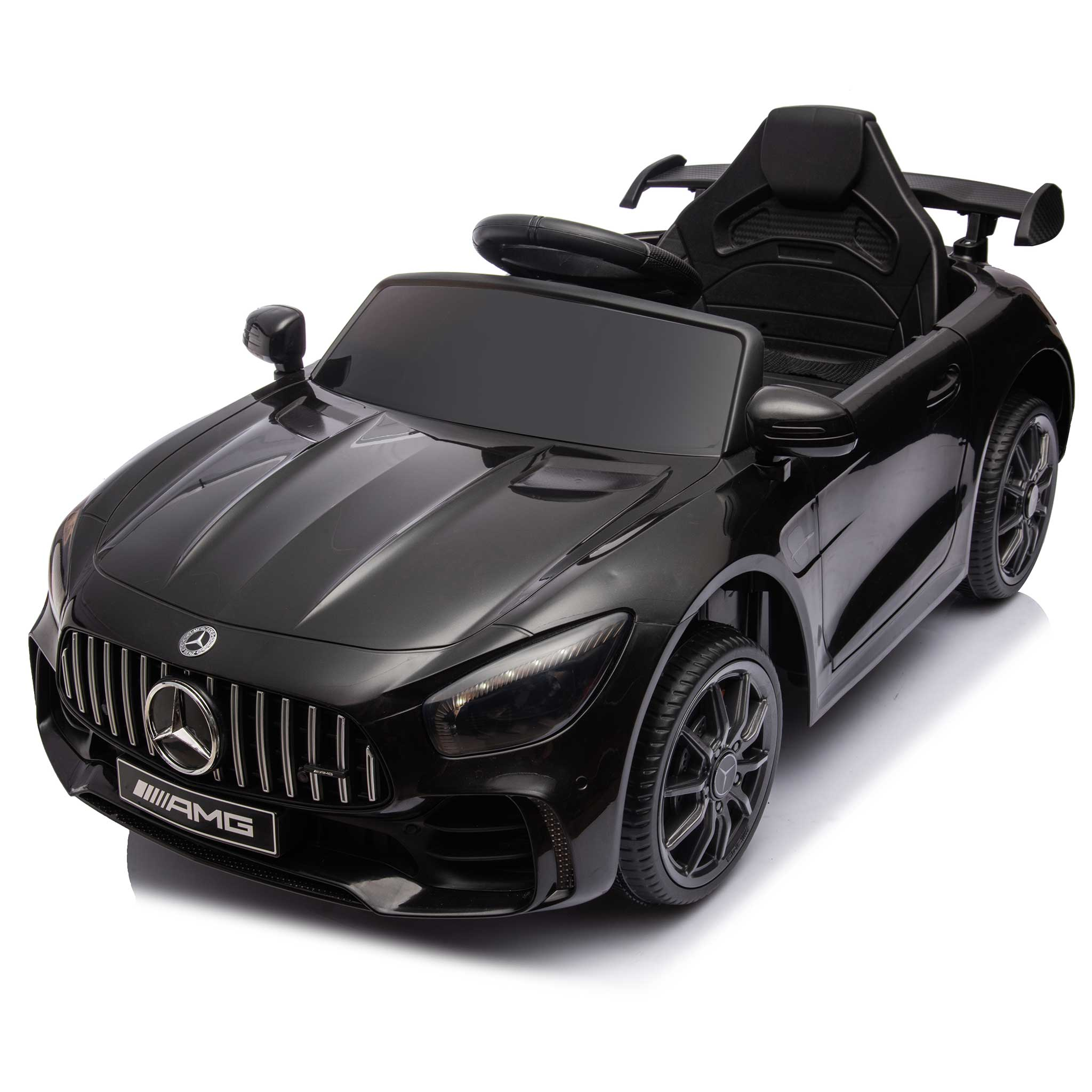 Ein schwarzes Spielzeugauto in einem Studio. Es ist ein Sportwagenmodell.