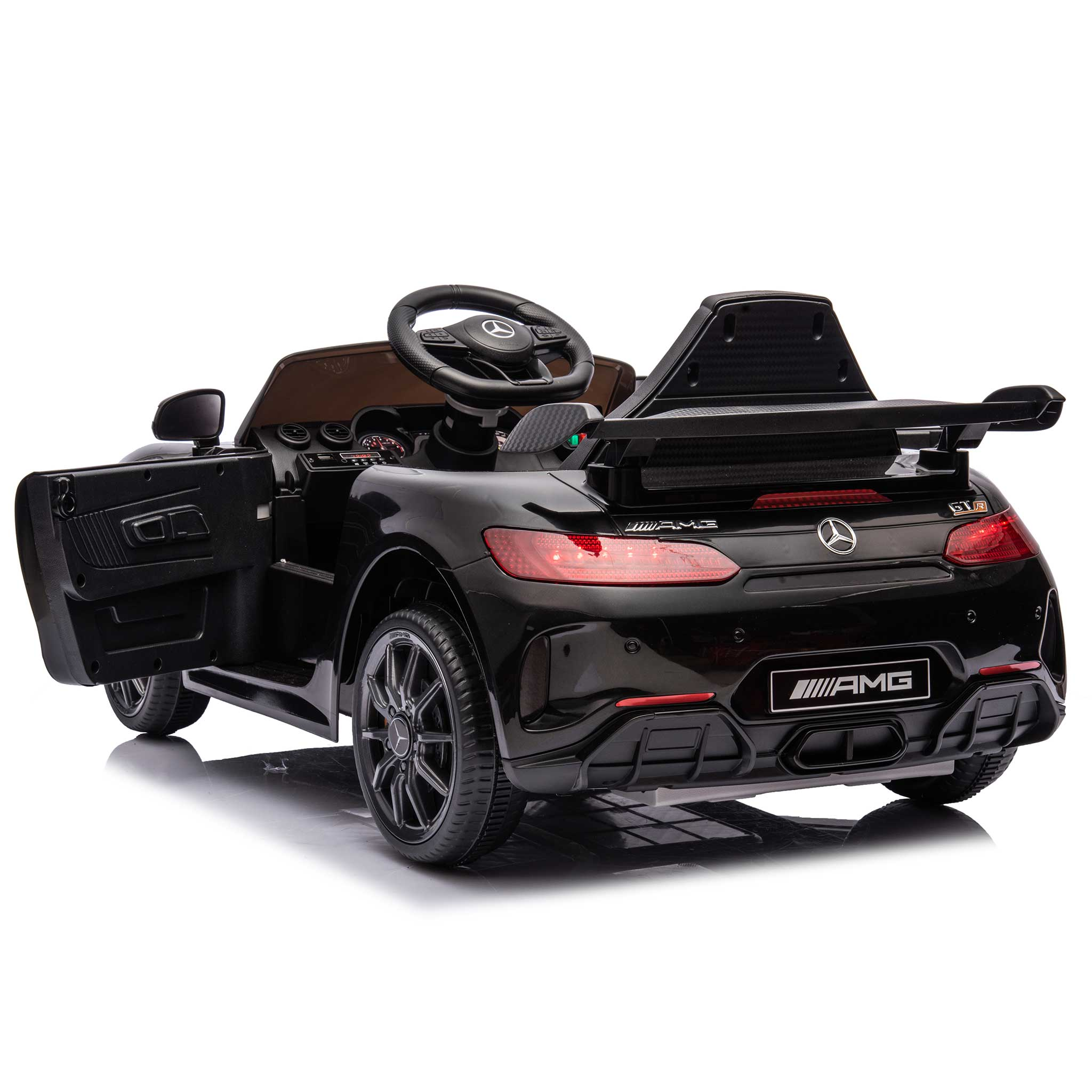 Schwarzes Spielzeugauto, ein Mercedes AMG GT, mit offener Tür. Rückansicht.